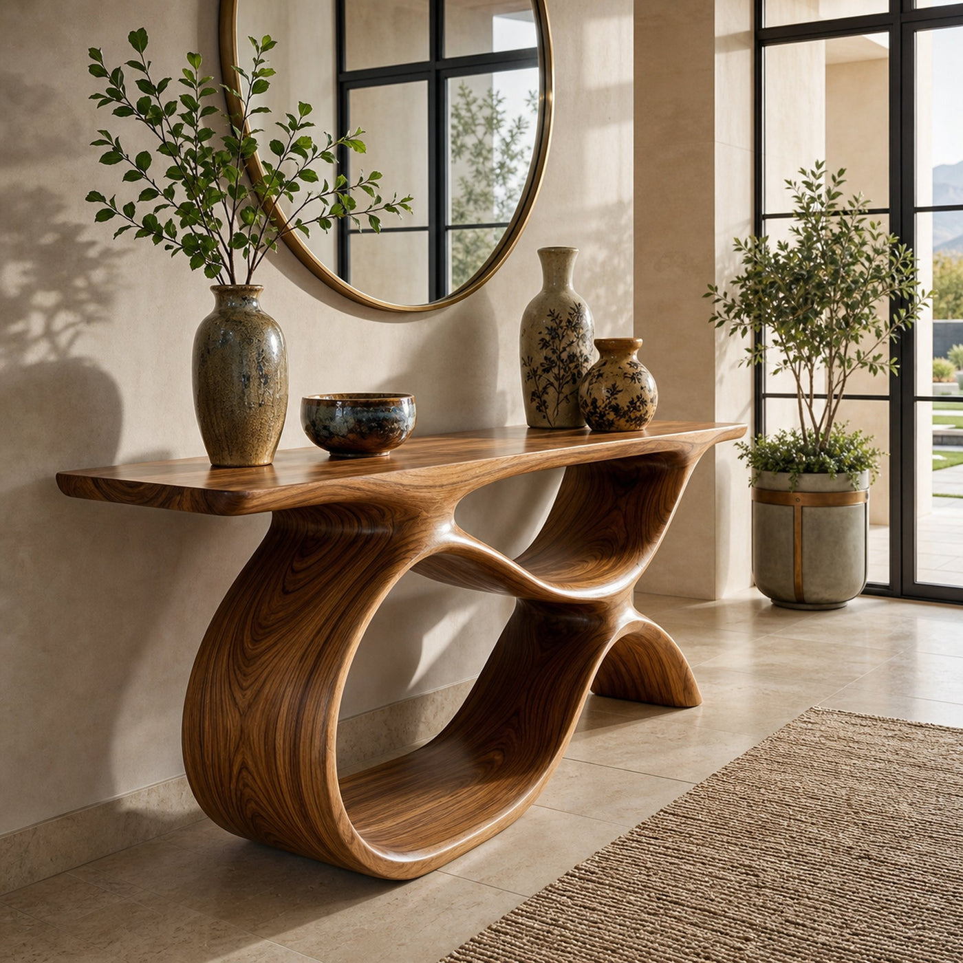 Modern Wooden Console Table With Curved Open Storage For Home