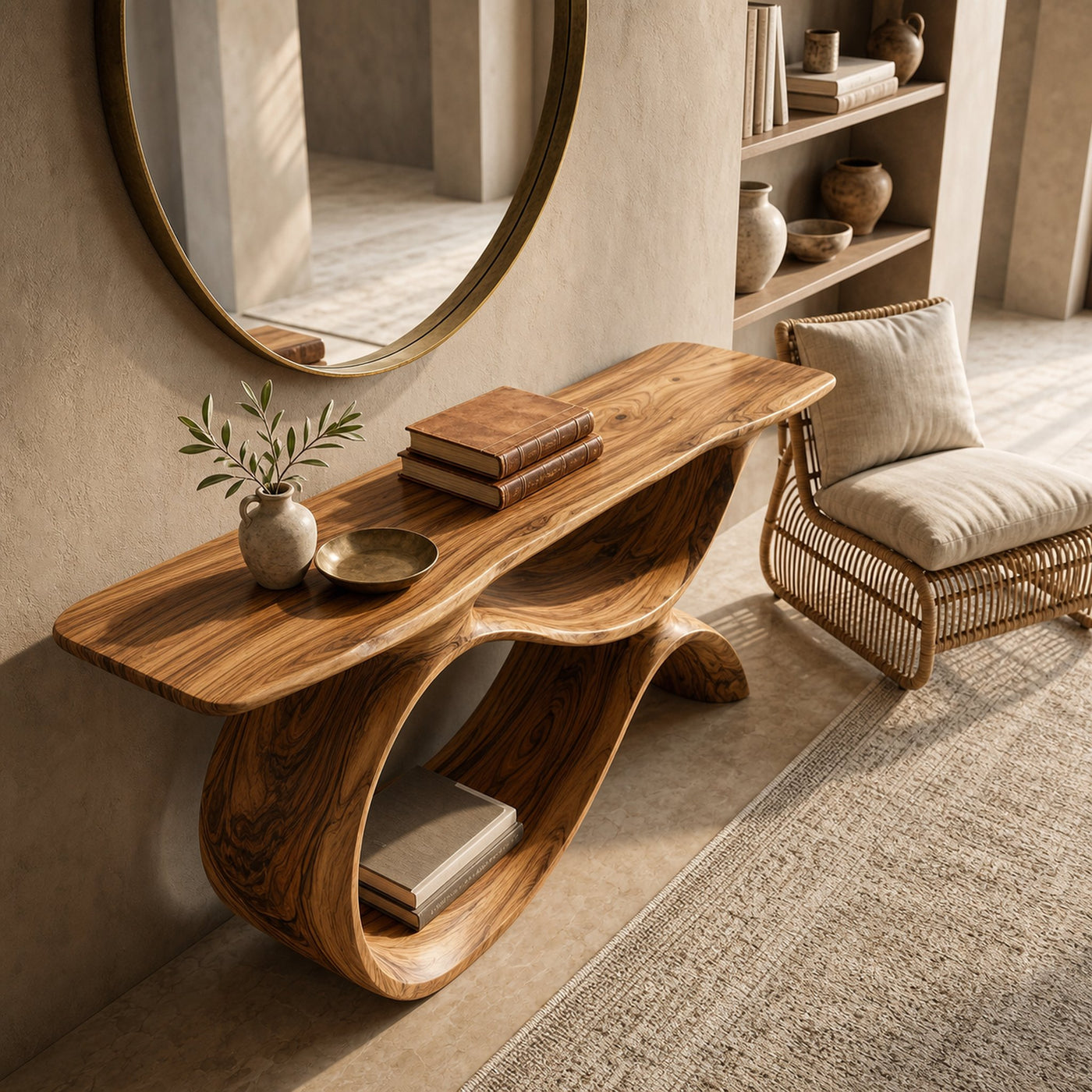 Modern Wooden Console Table With Curved Open Storage For Home - product view 2