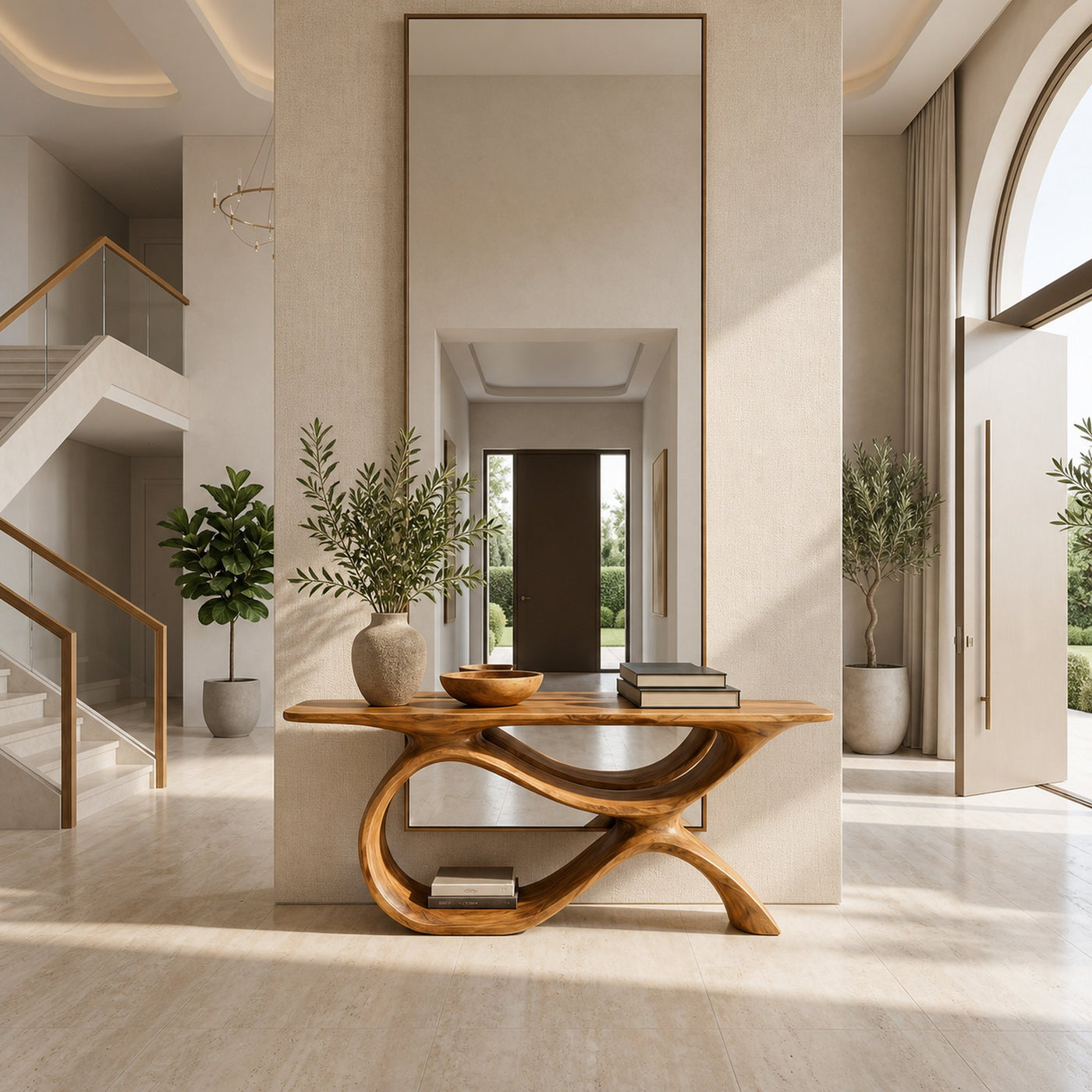 Modern Wooden Console Table With Curved Open Storage For Home - product view 3