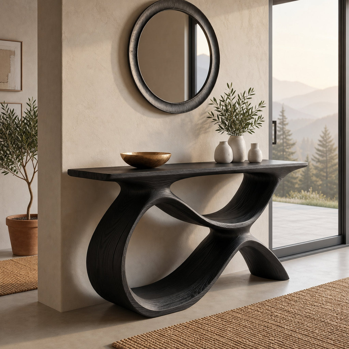 Modern Wooden Console Table With Curved Open Storage For Home - product view 4