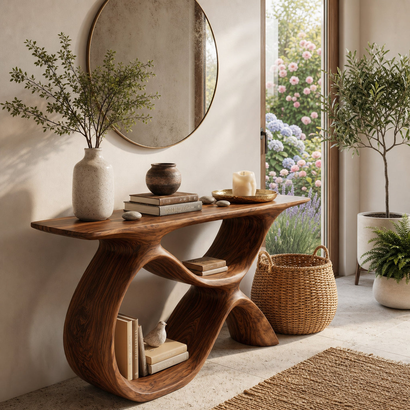 Modern Wooden Console Table With Curved Open Storage For Home - product view 6