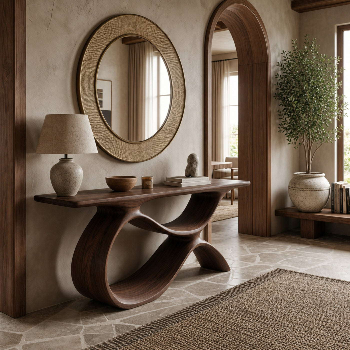 Modern Wooden Console Table With Curved Open Storage For Home - product view 7