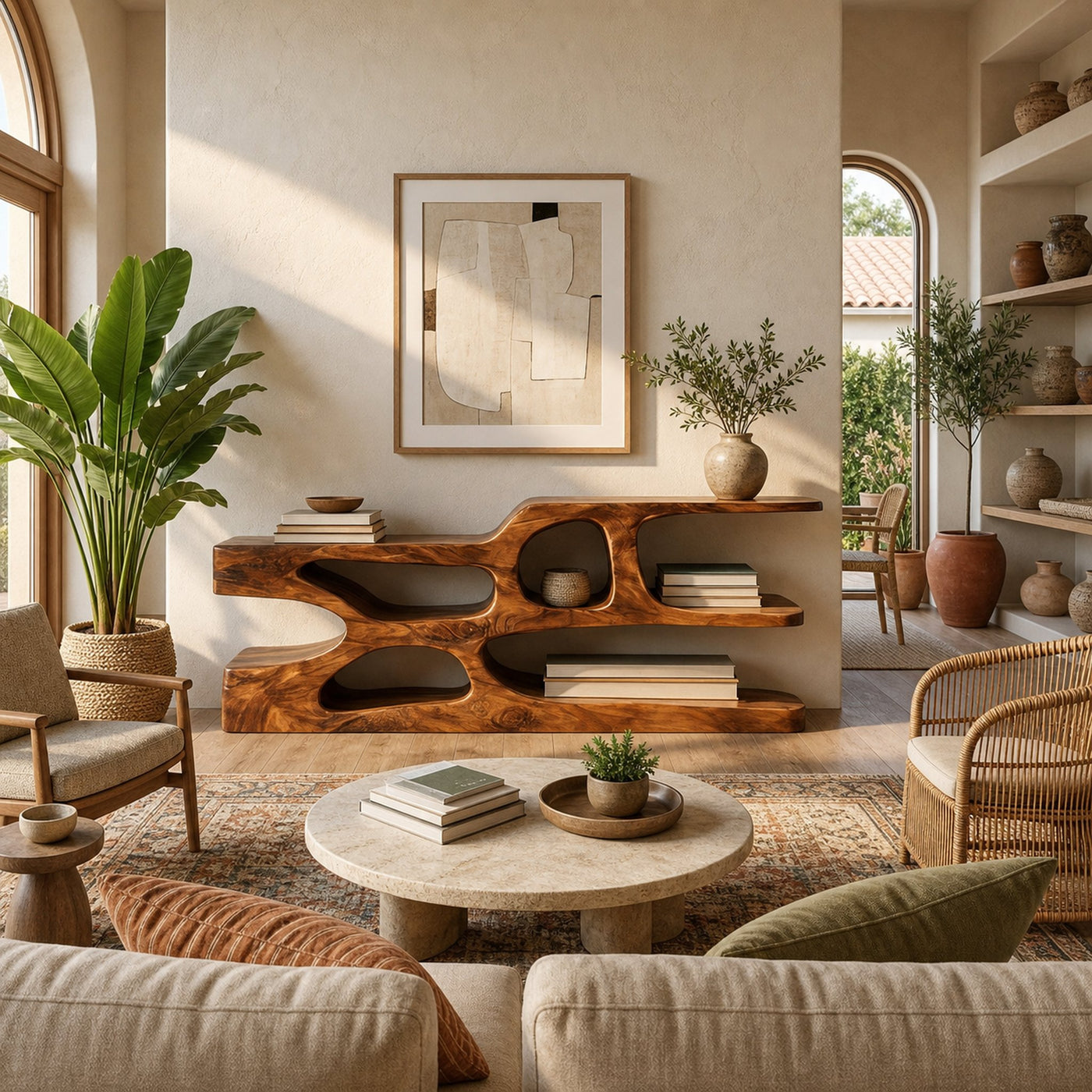 Modern Wooden Console Table With Flowing Open Storage For Home