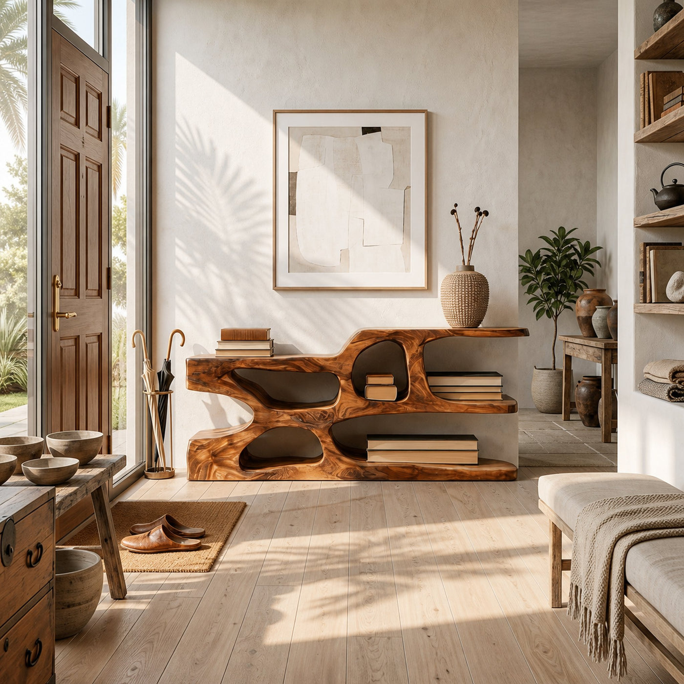 Modern Wooden Console Table With Flowing Open Storage For Home - product view 6