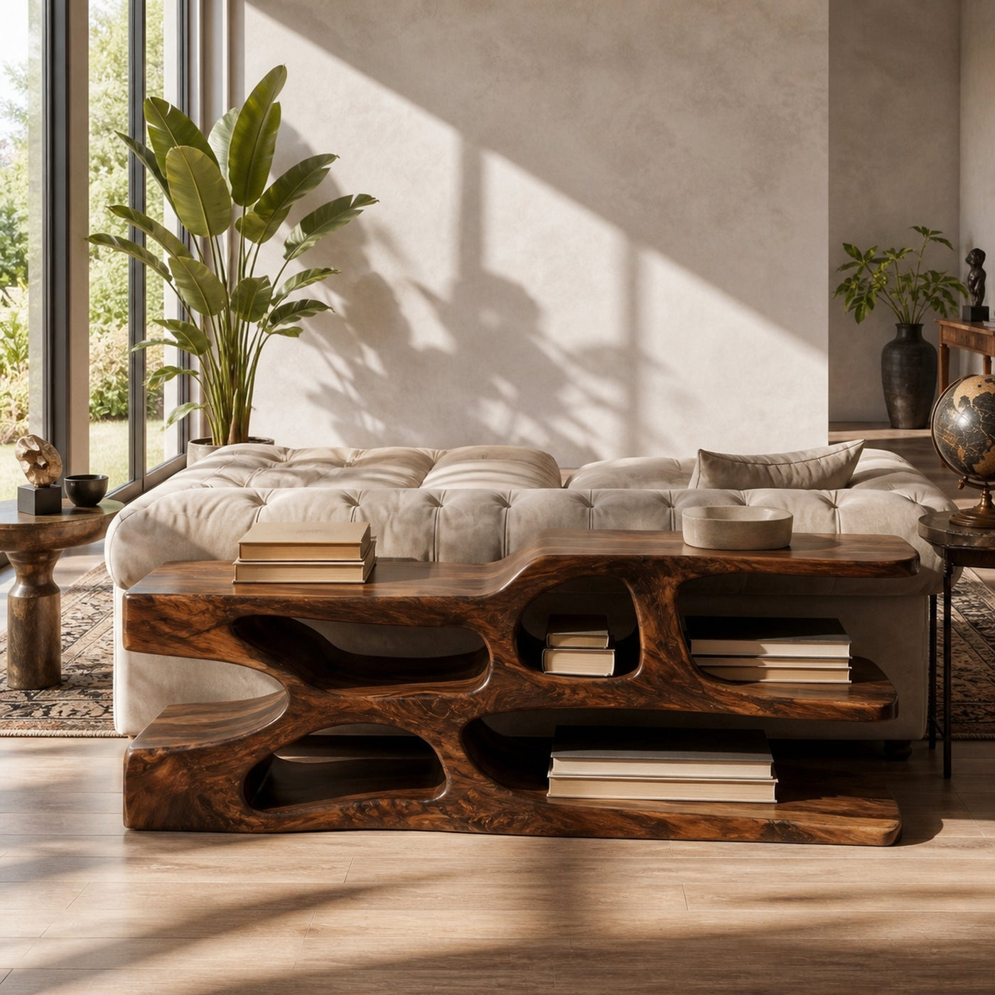 Modern Wooden Console Table With Flowing Open Storage For Home - product view 7