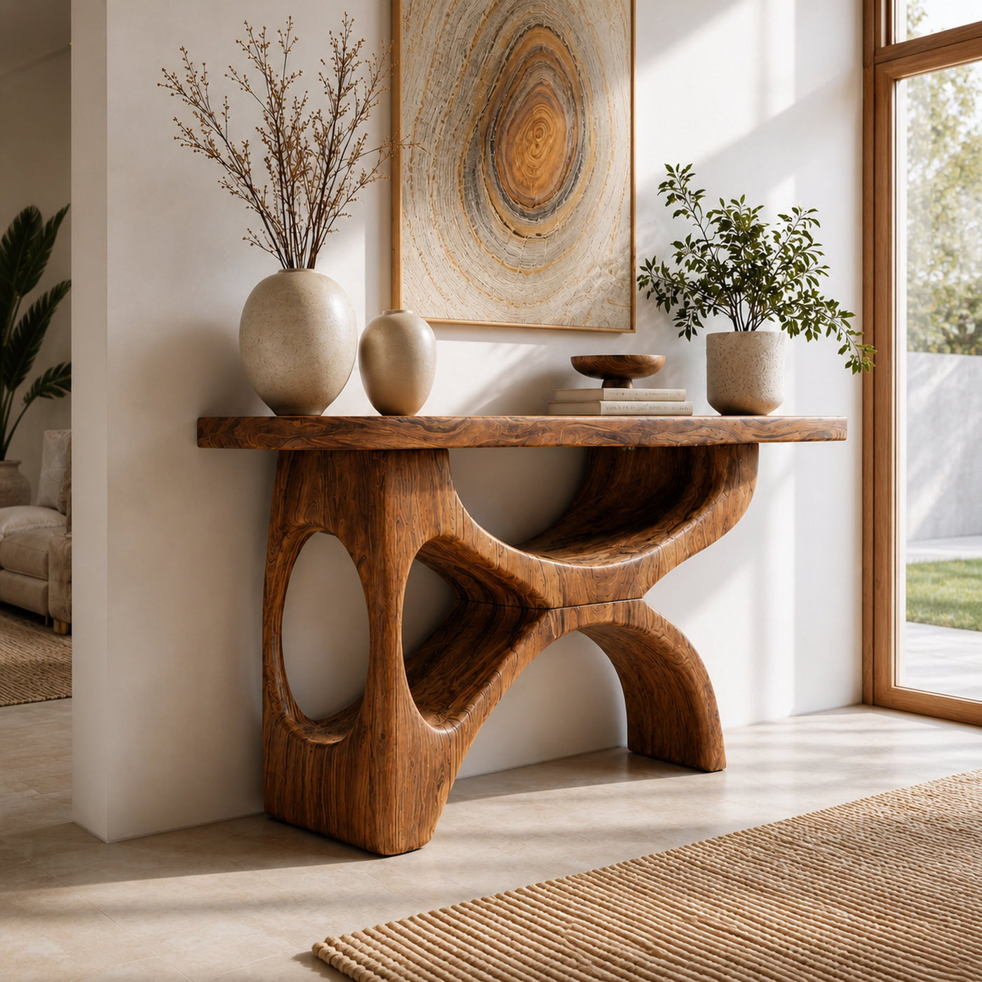 Modern Wooden Console Table With Sculptural Base For Living Decor