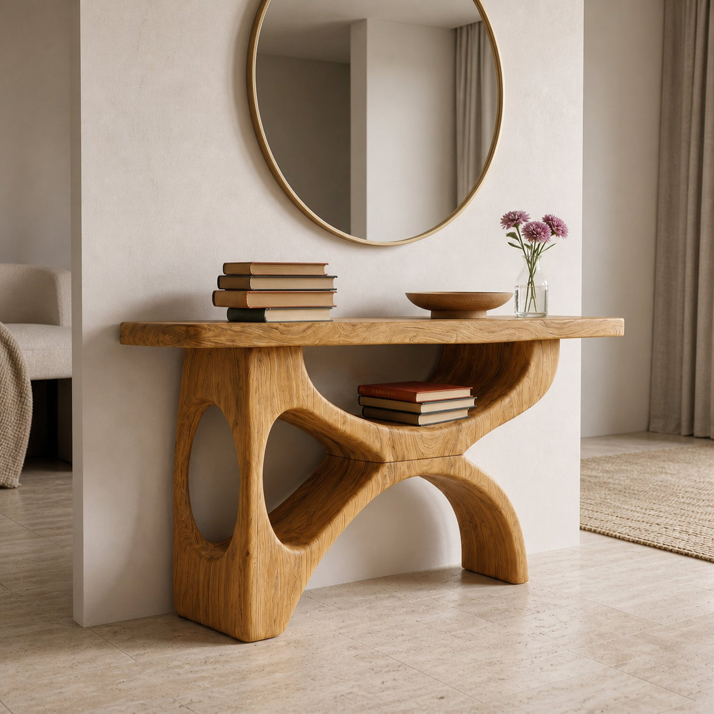 Modern Wooden Console Table With Sculptural Base For Living Decor - product view 6