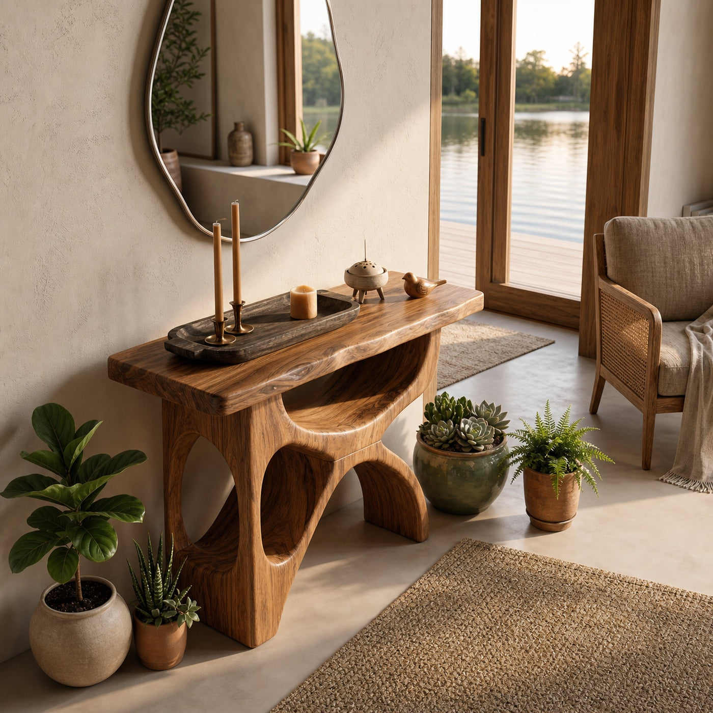 Modern Wooden Console Table With Sculptural Base For Living Decor - product view 8