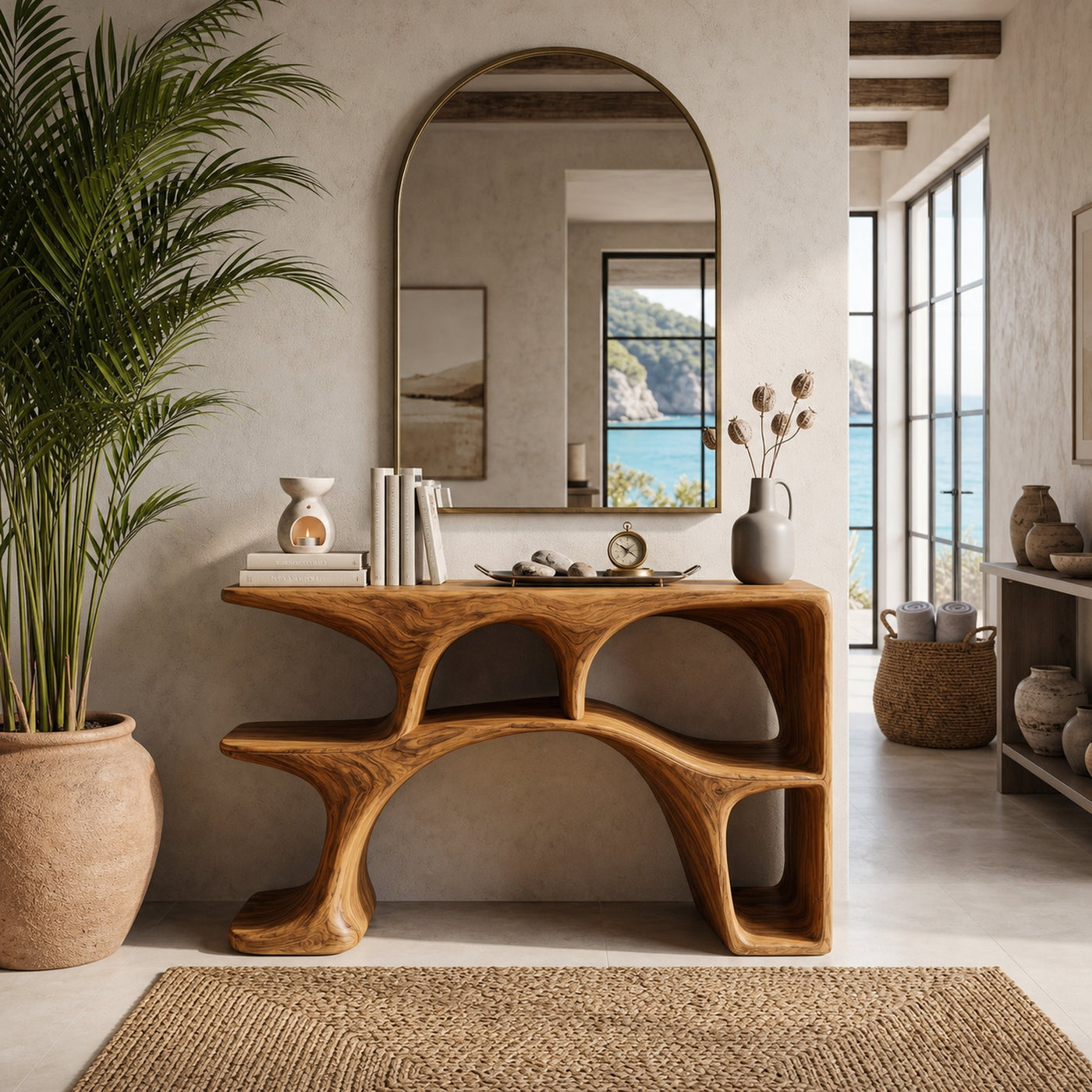 Modern Wooden Console Table With Sculptural Open Shelves For Living