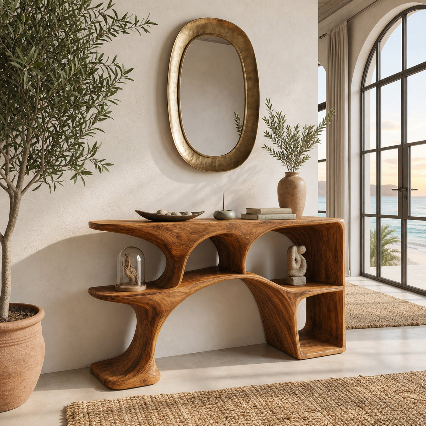 Modern Wooden Console Table With Sculptural Open Shelves For Living - product view 6