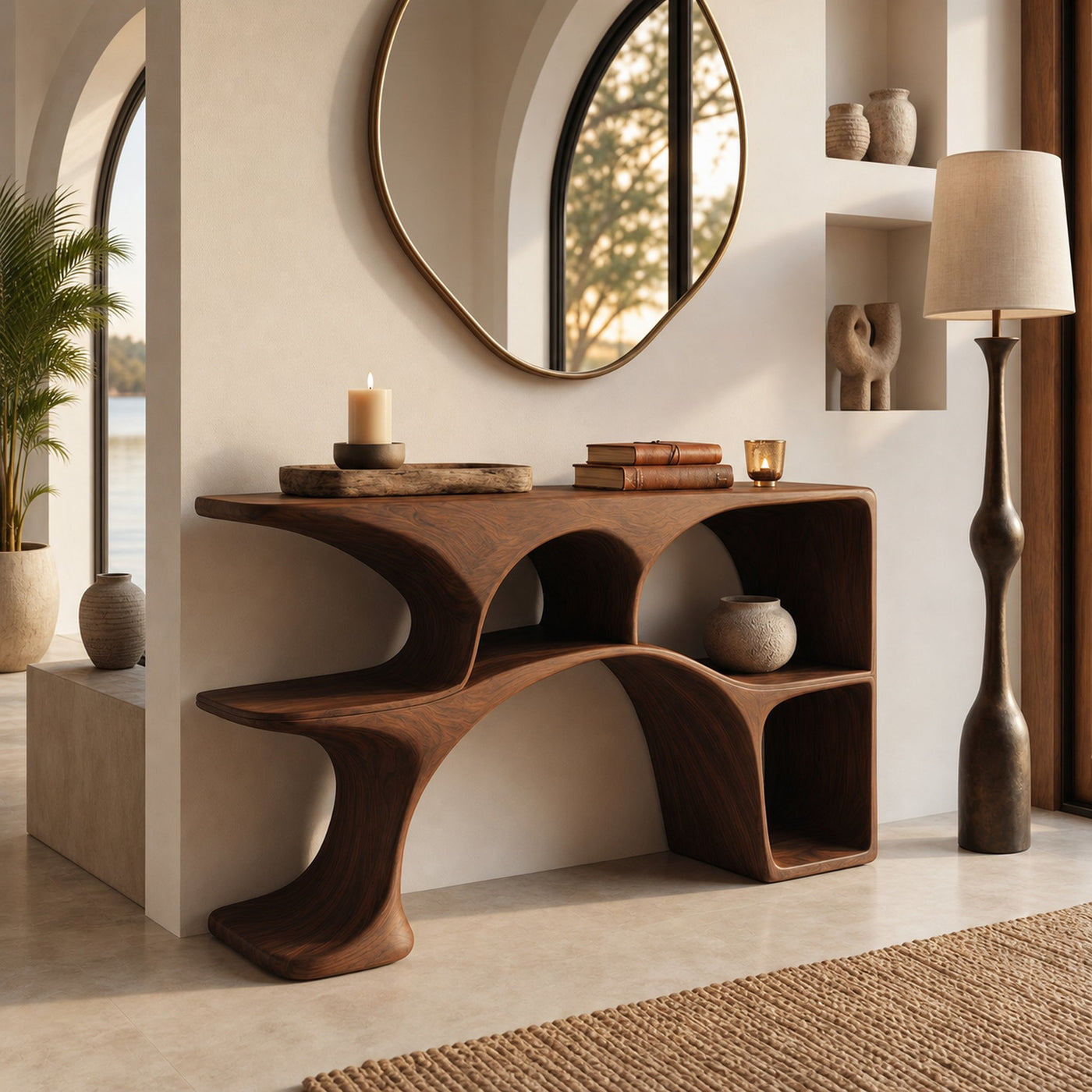 Modern Wooden Console Table With Sculptural Open Shelves For Living - product view 7