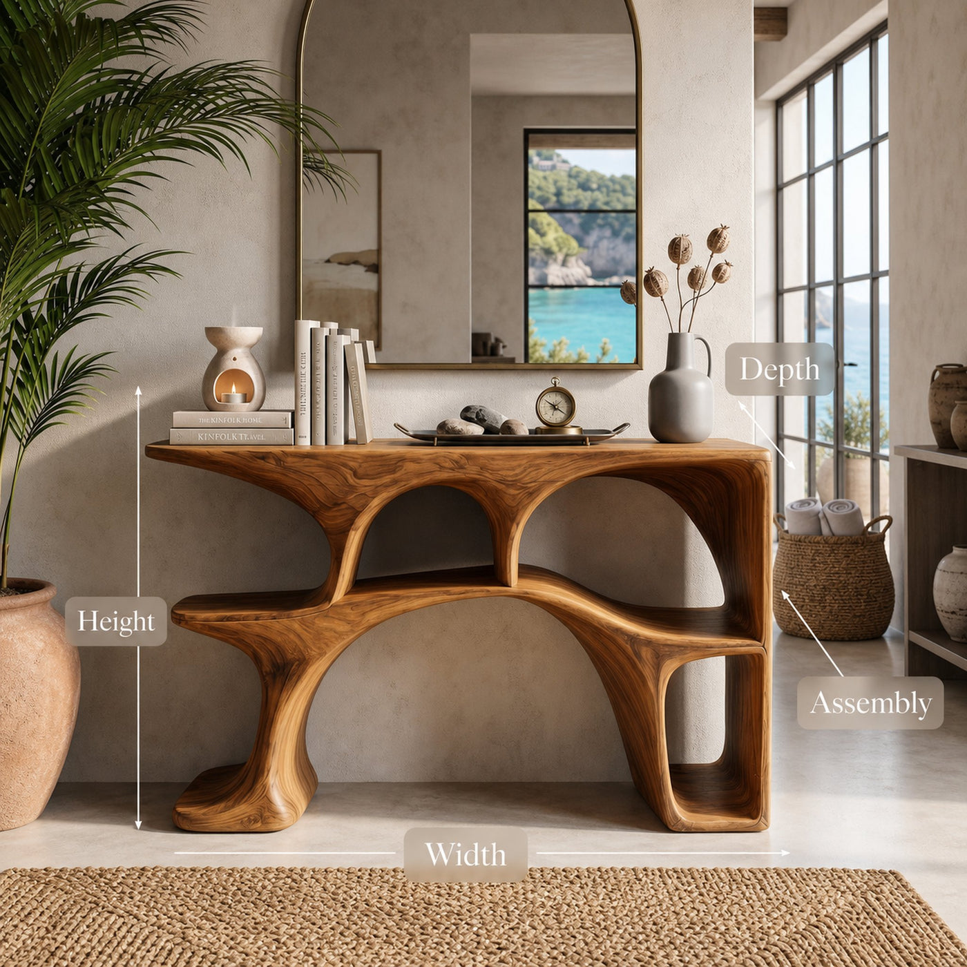 Modern Wooden Console Table With Sculptural Open Shelves For Living - product view 8