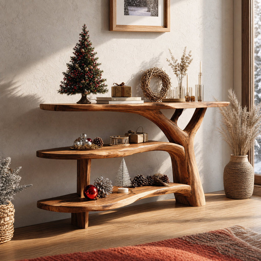 Modern Wooden Live Edge Console Table For Holiday Living Room Xmas Accent
