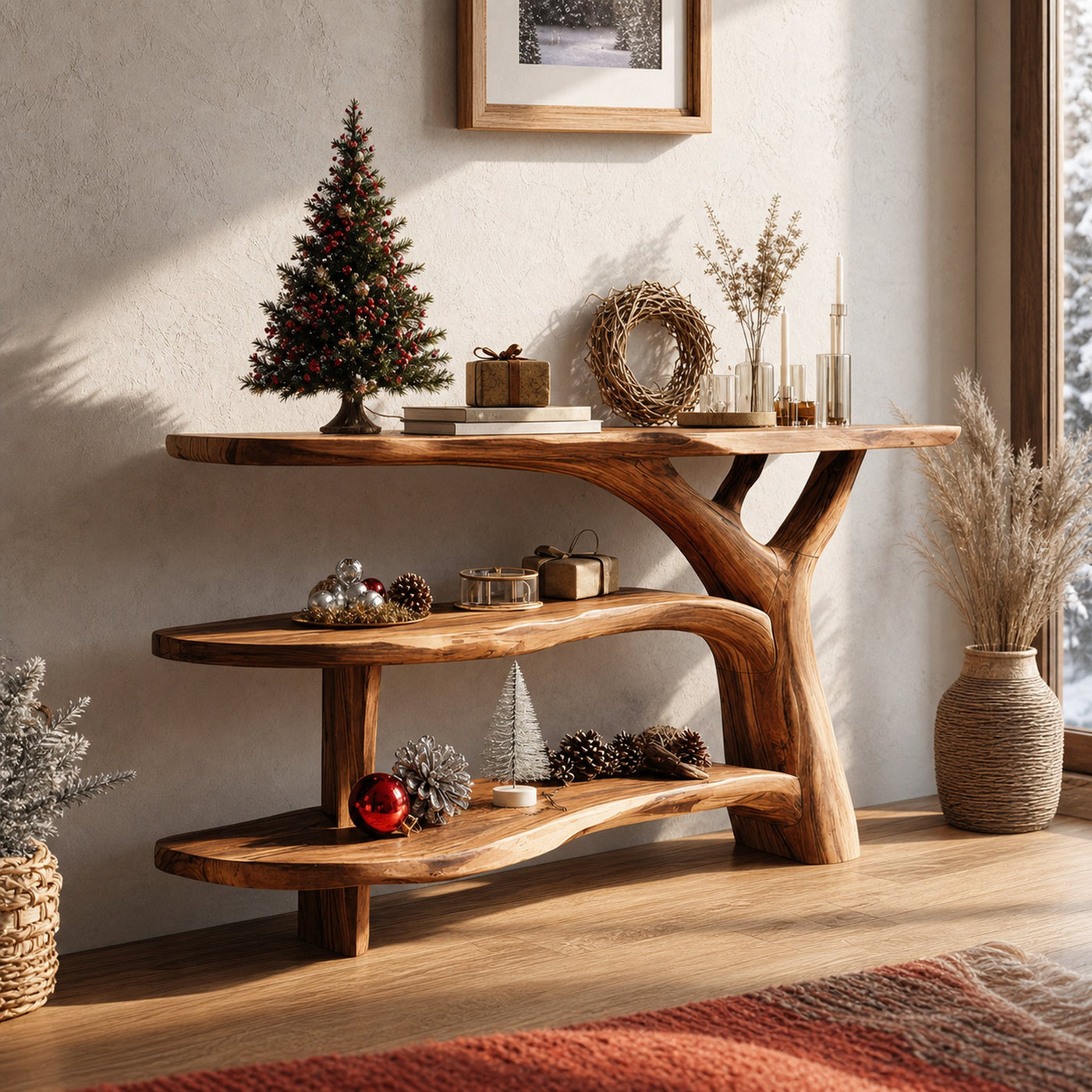 Modern Wooden Live Edge Console Table For Holiday Living Room Xmas Accent