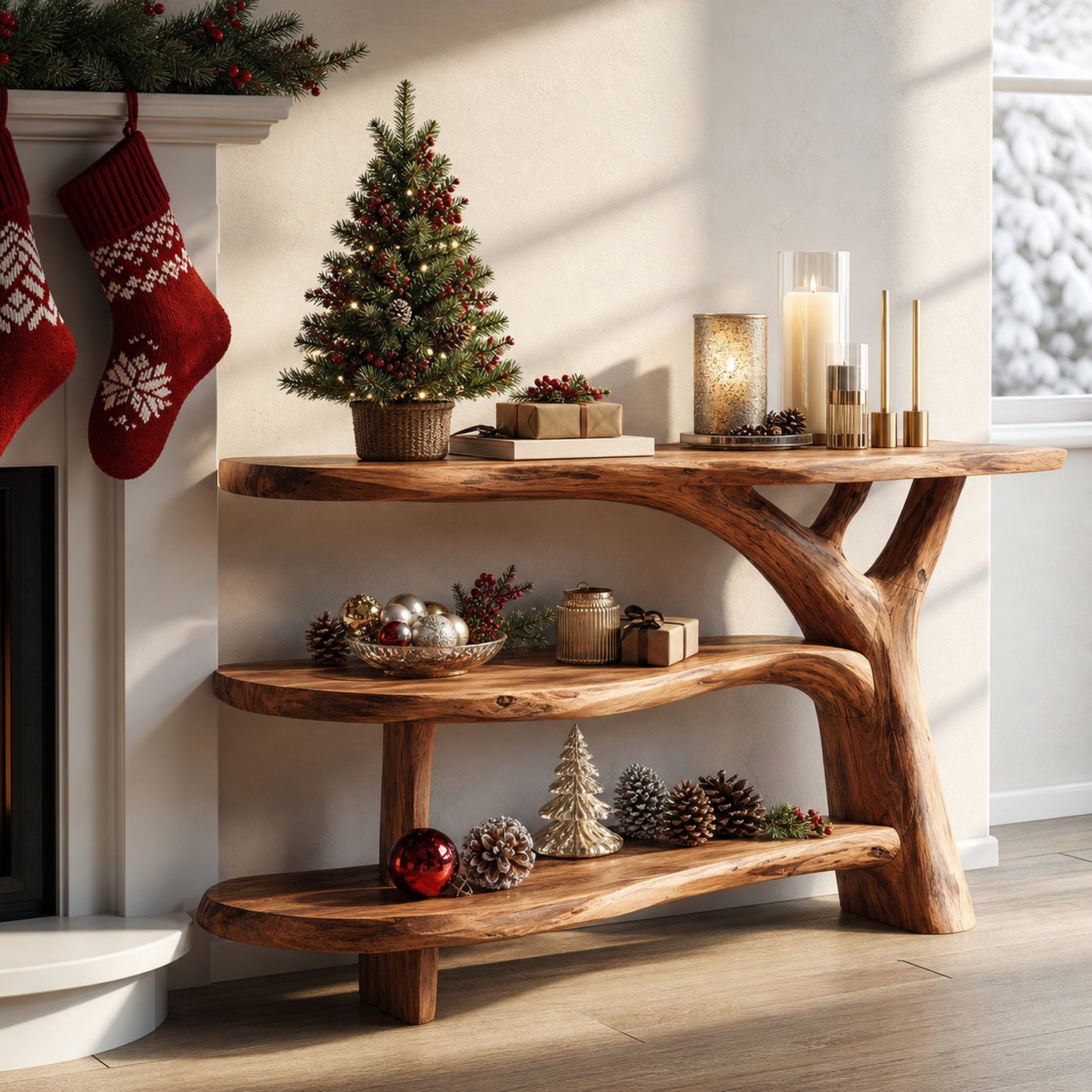 Modern Wooden Live Edge Console Table For Holiday Living Room Xmas Accent - product view 6