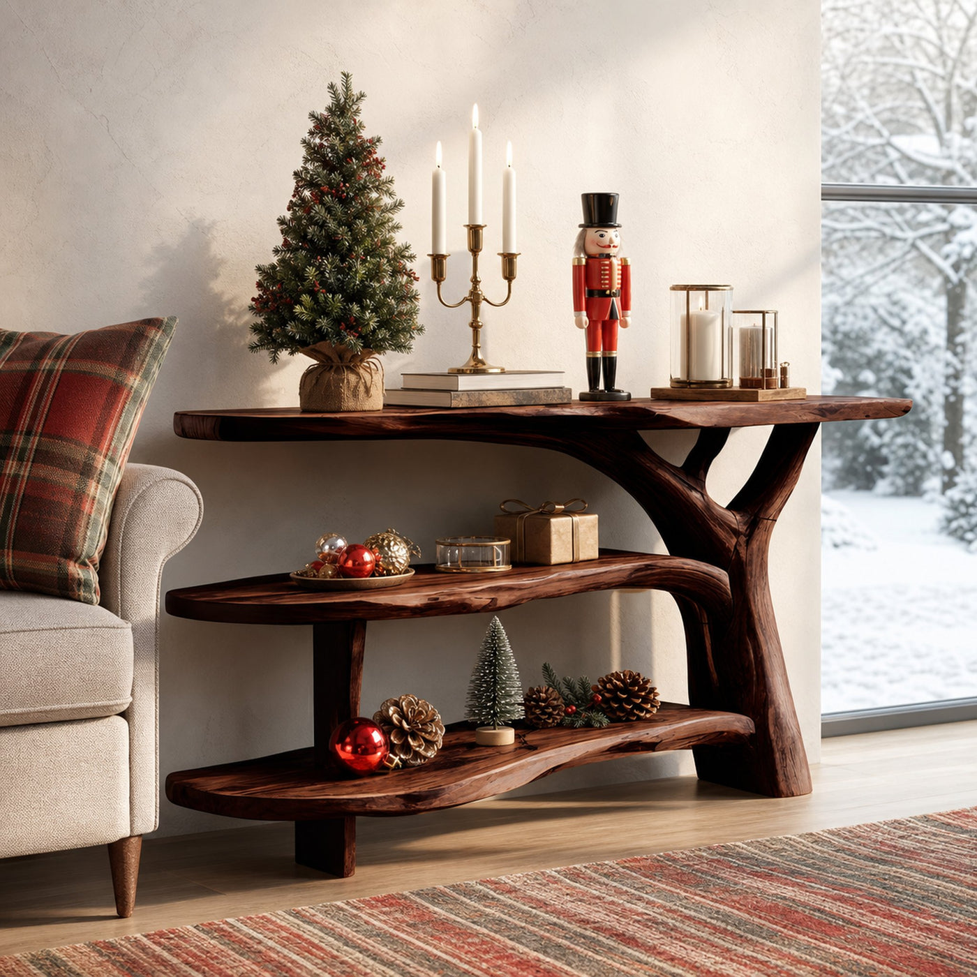 Modern Wooden Live Edge Console Table For Holiday Living Room Xmas Accent - product view 7