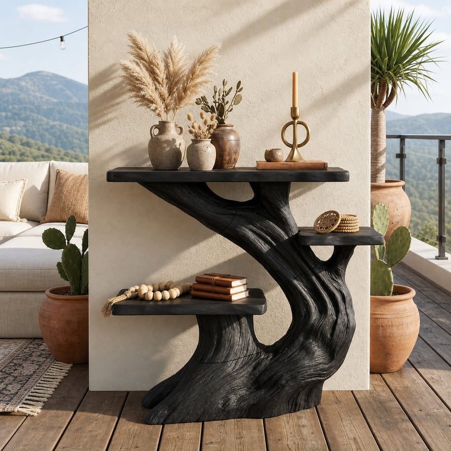 Mountain Charcoal Wood Console Shelf For Patio Styling