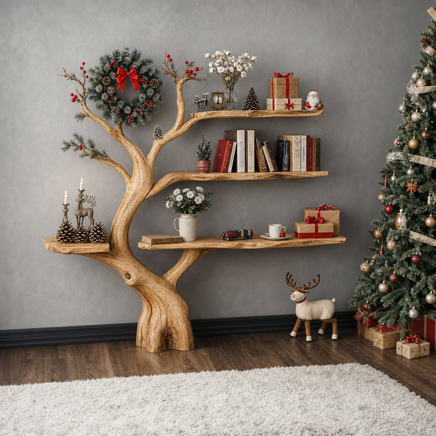Narrow Console Table With Tree Bookshelf Accent Table