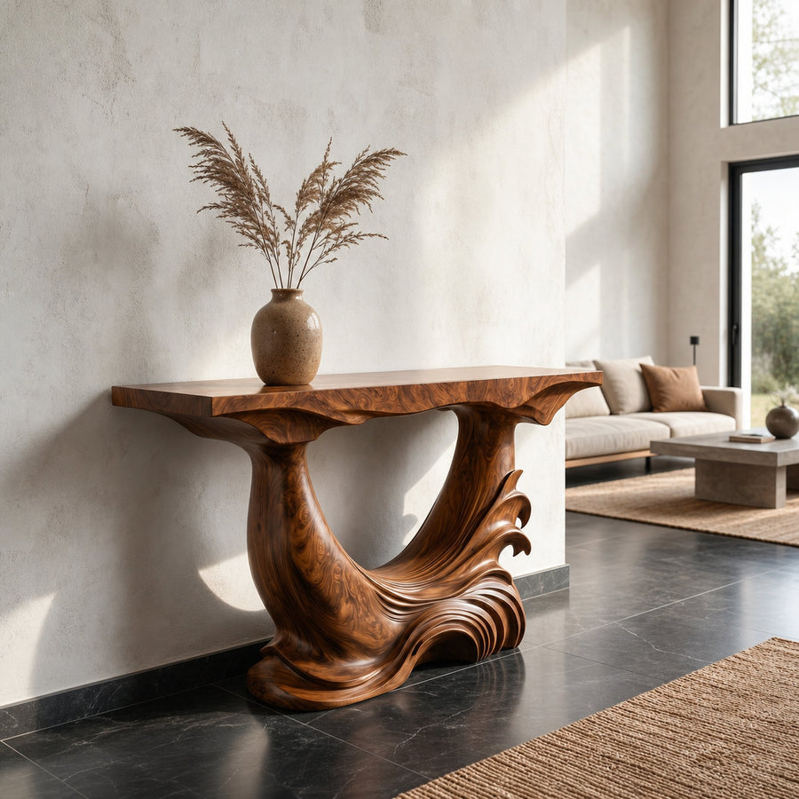 Natural Console Table With Flowing Wood Sculpture For Hallway