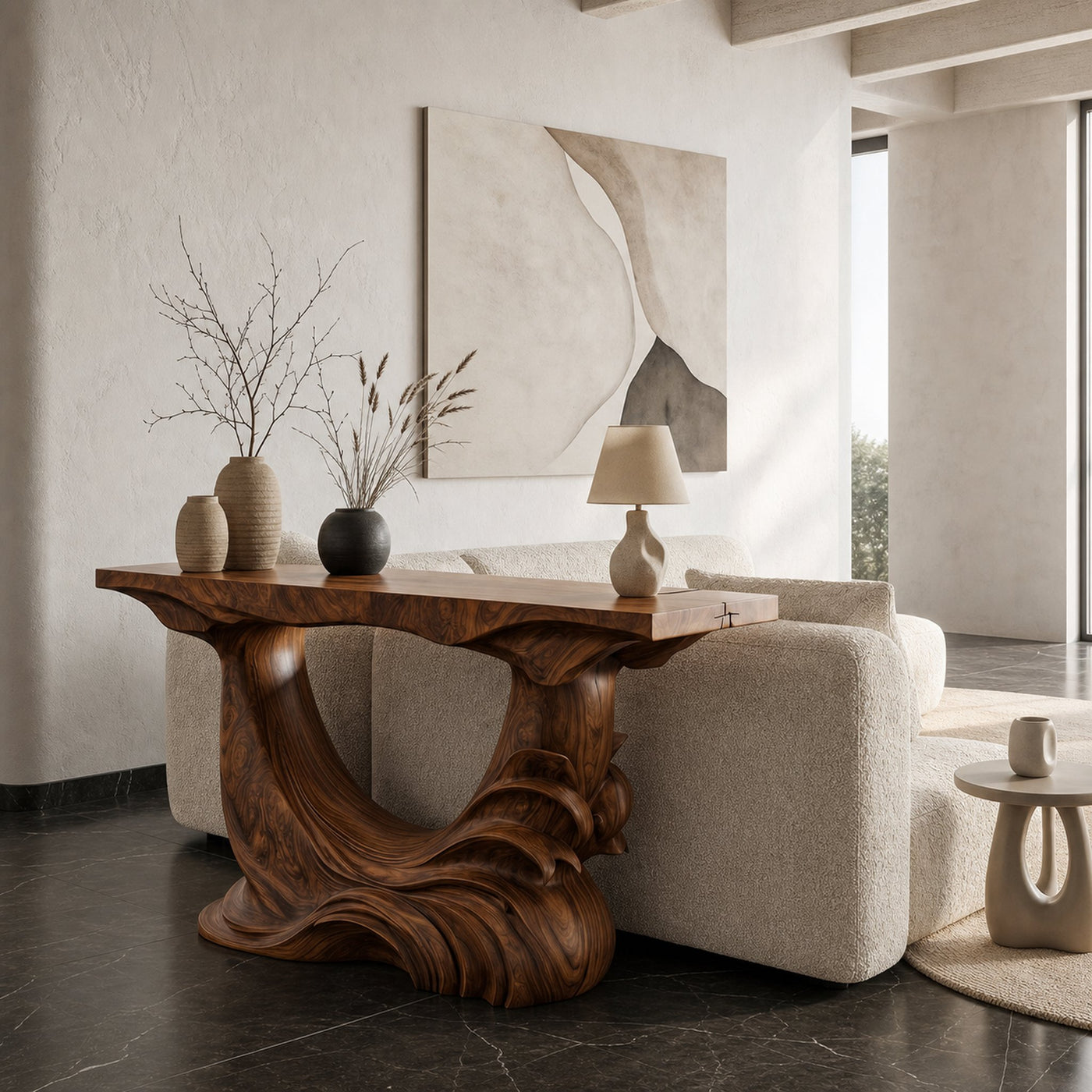 Natural Console Table With Flowing Wood Sculpture For Hallway - product view 2