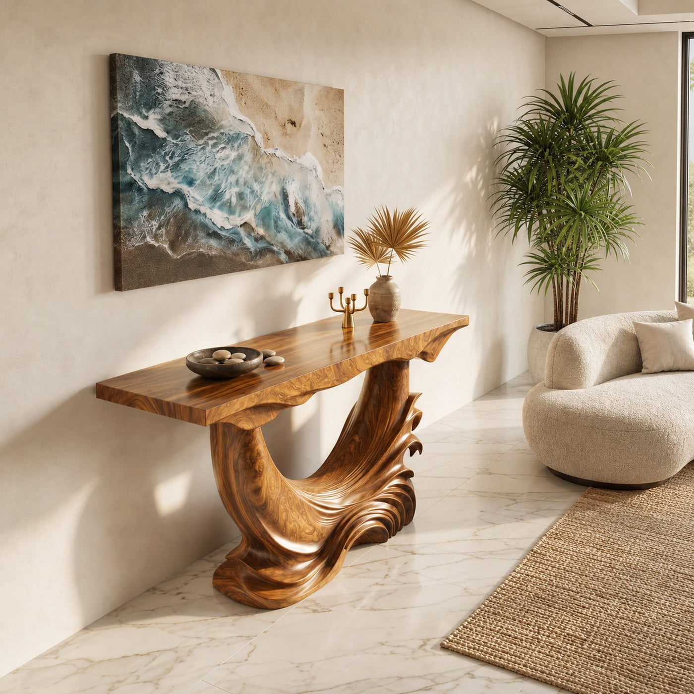 Natural Console Table With Flowing Wood Sculpture For Hallway - product view 3