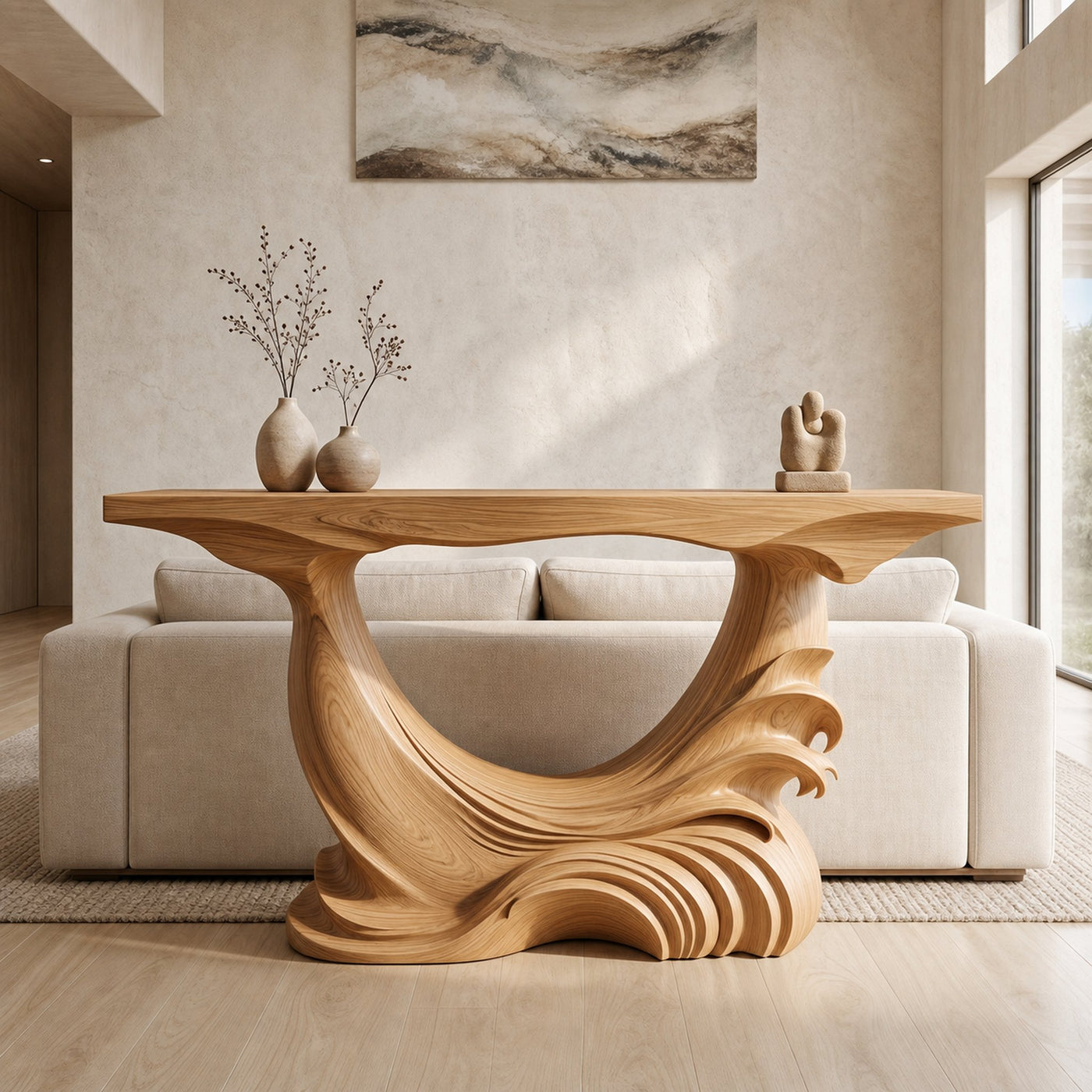 Natural Console Table With Flowing Wood Sculpture For Hallway - product view 5