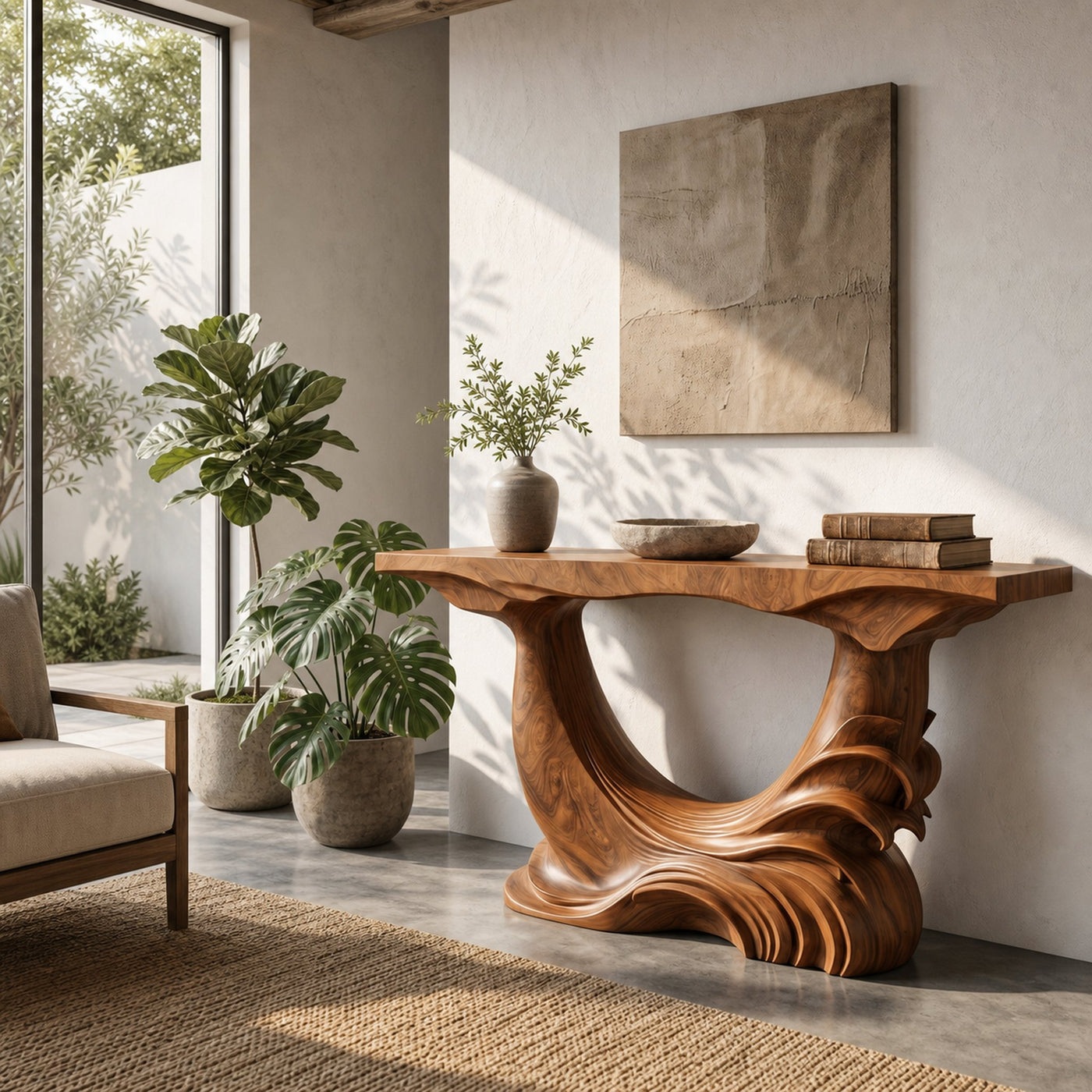 Natural Console Table With Flowing Wood Sculpture For Hallway - product view 6