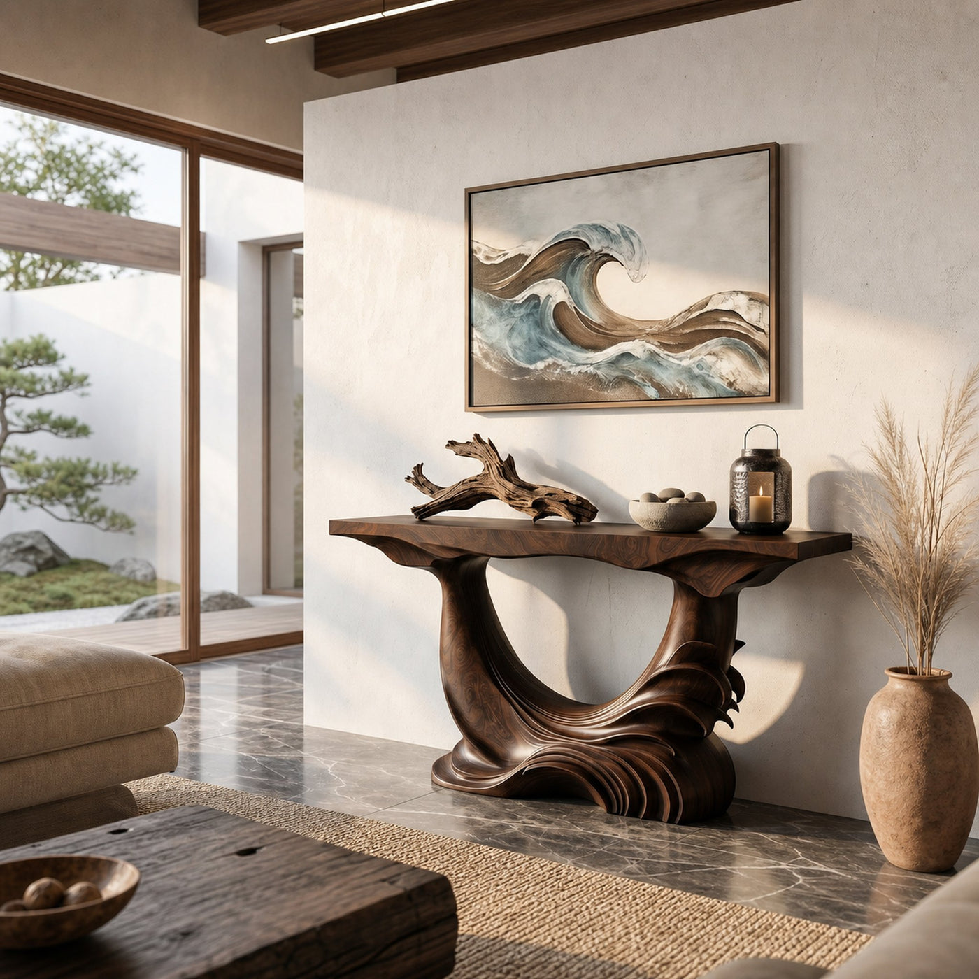 Natural Console Table With Flowing Wood Sculpture For Hallway - product view 7