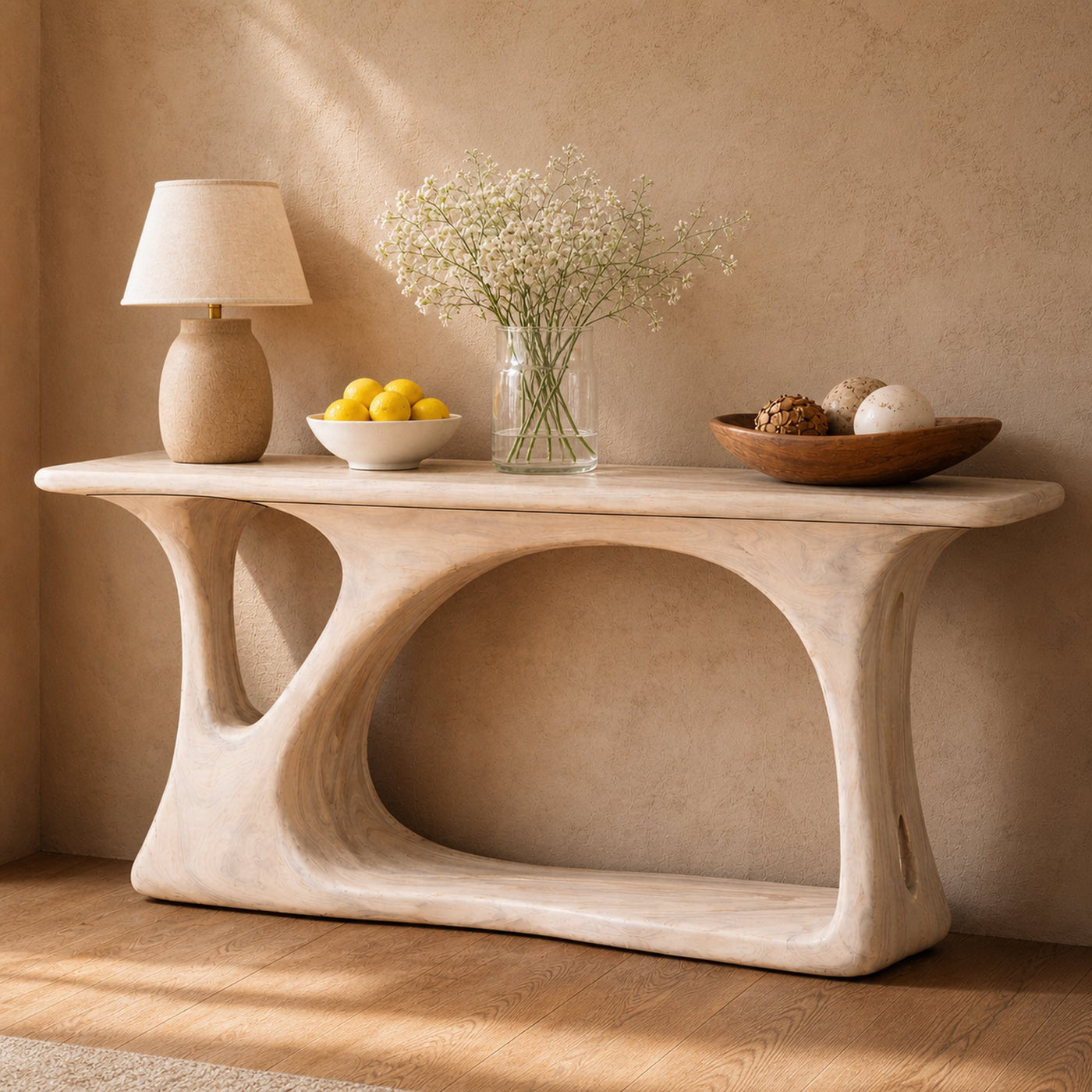 Natural Wood Console Table Tree Inspired Base Handmade For Modern Living Room