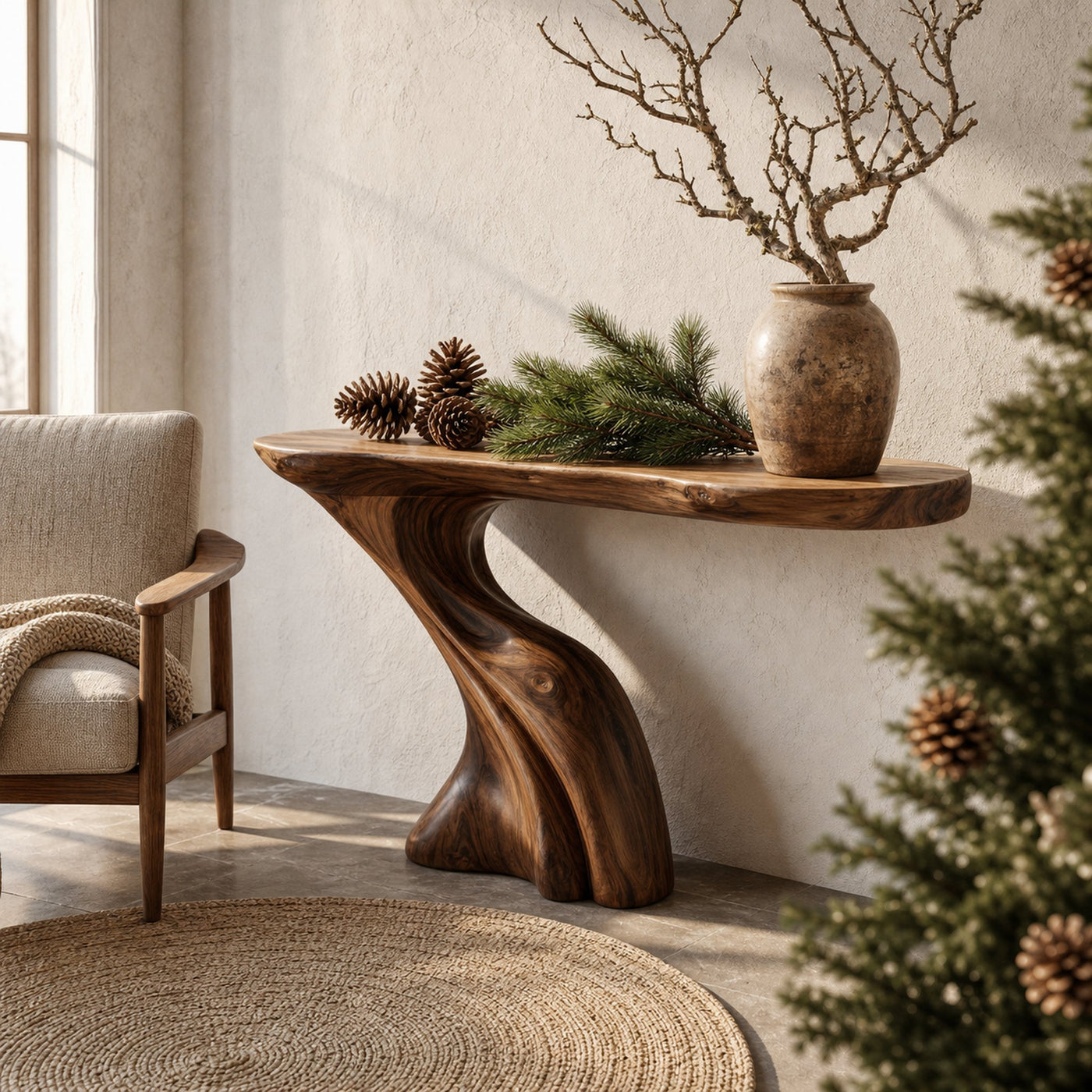 Nature Inspired Console Table With Artistic Tree Structure For Living Room