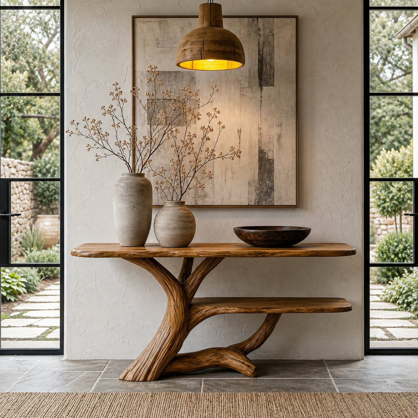 Nature Inspired Console Table With Open Shelf Storage For Living Room