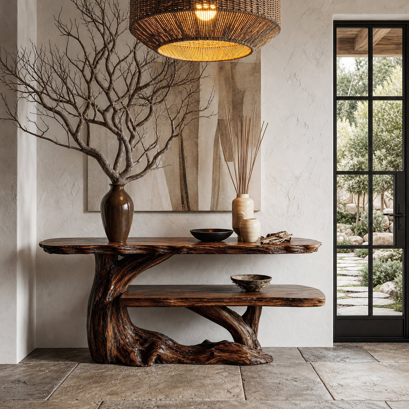 Nature Inspired Console Table With Sculptural Wood Branch Design For Hallway