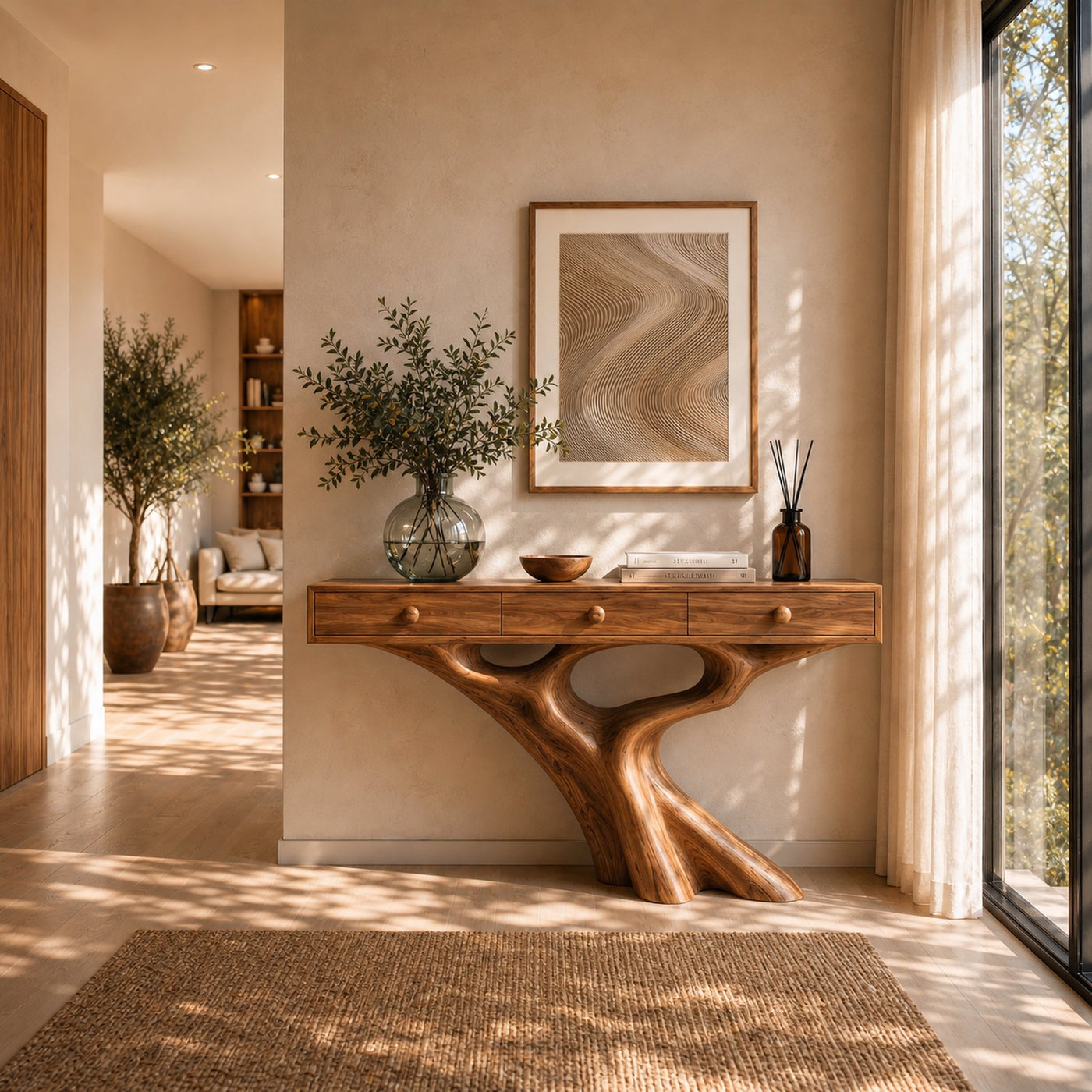 Organic Console Table With Built In Storage Cabinet And Sculptural Curved Wood Base For Entryway And Living Room