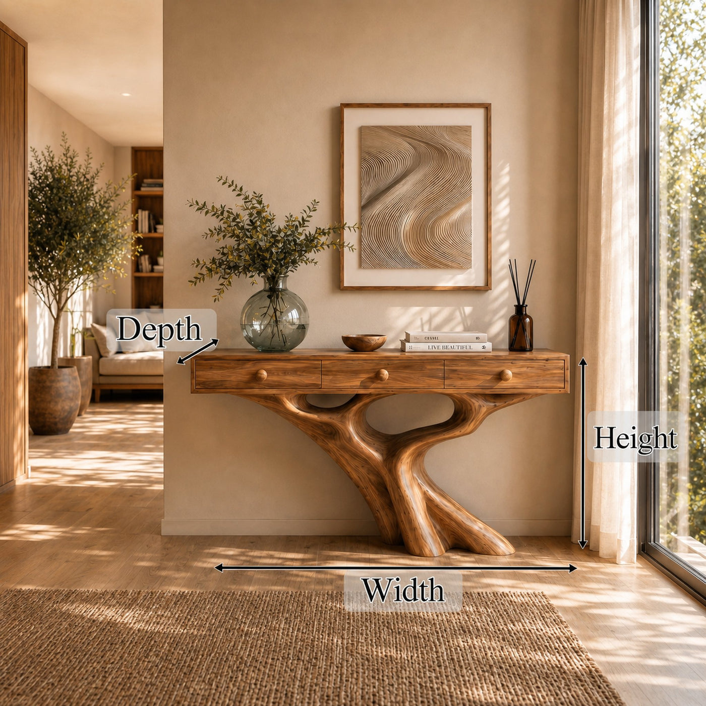 Organic Console Table With Built In Storage Cabinet And Sculptural Curved Wood Base For Entryway And Living Room - product…