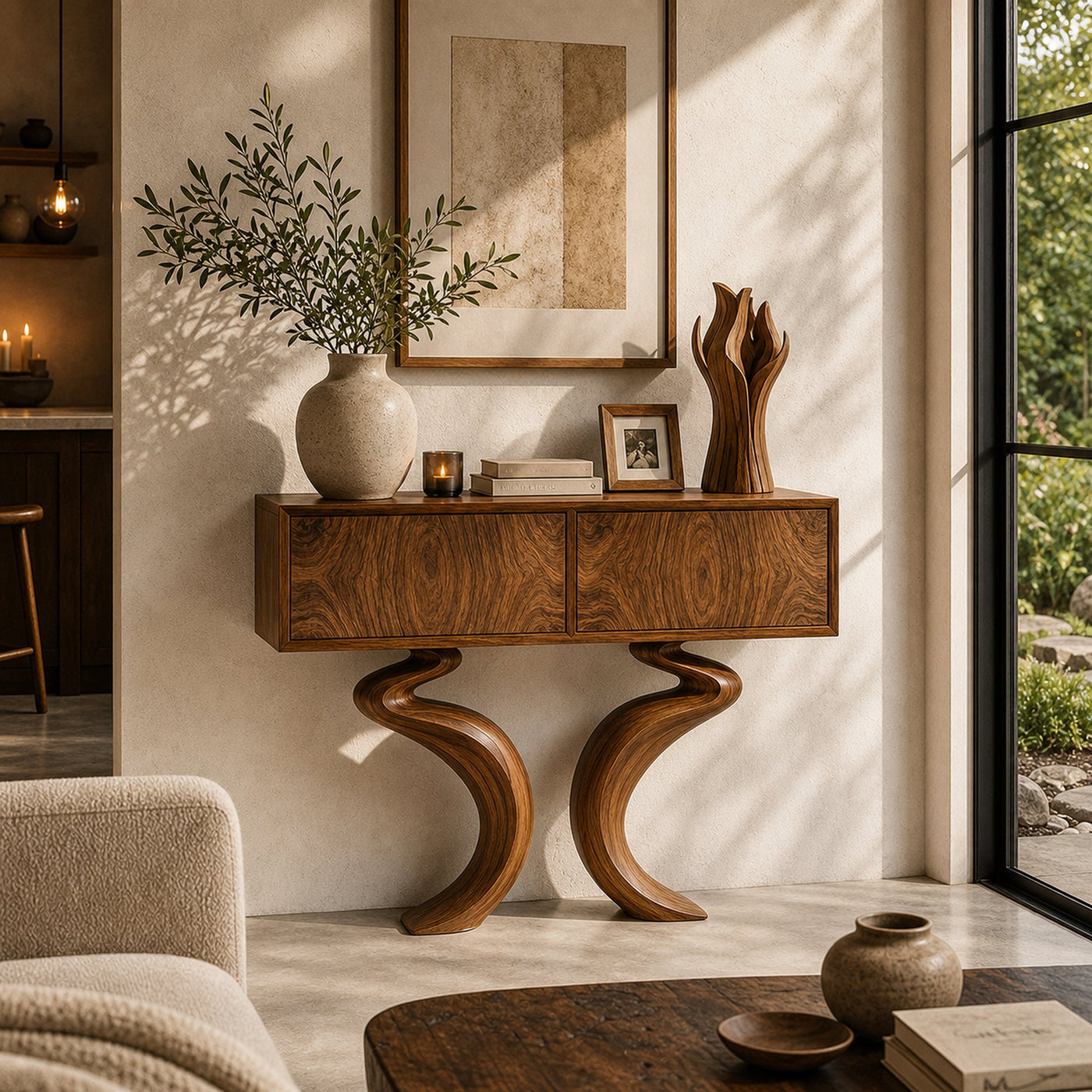 Organic Console Table With Hidden Storage Cabinet For Living Room And Entryway