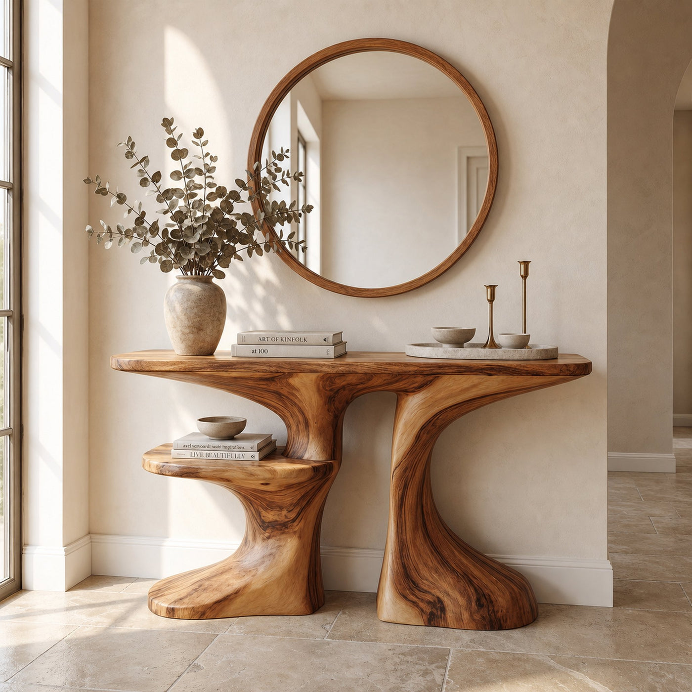 Organic Console Table With Live Edge Countertop And Sculptural Solid Wood Base For Entryway