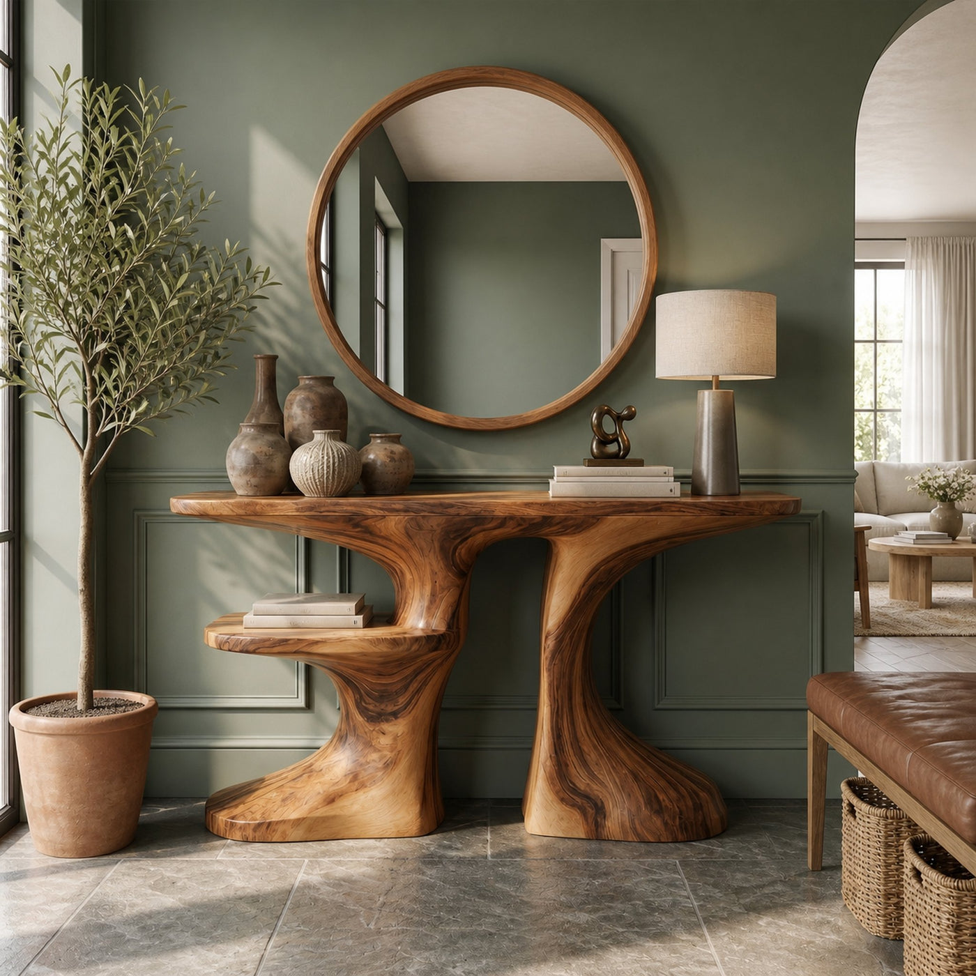 Organic Console Table With Live Edge Countertop And Sculptural Solid Wood Base For Entryway - product view 6