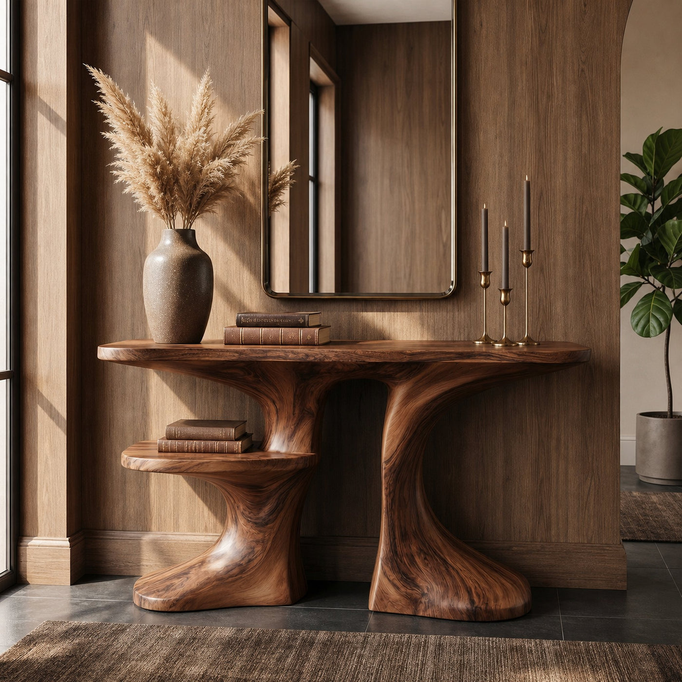 Organic Console Table With Live Edge Countertop And Sculptural Solid Wood Base For Entryway - product view 7