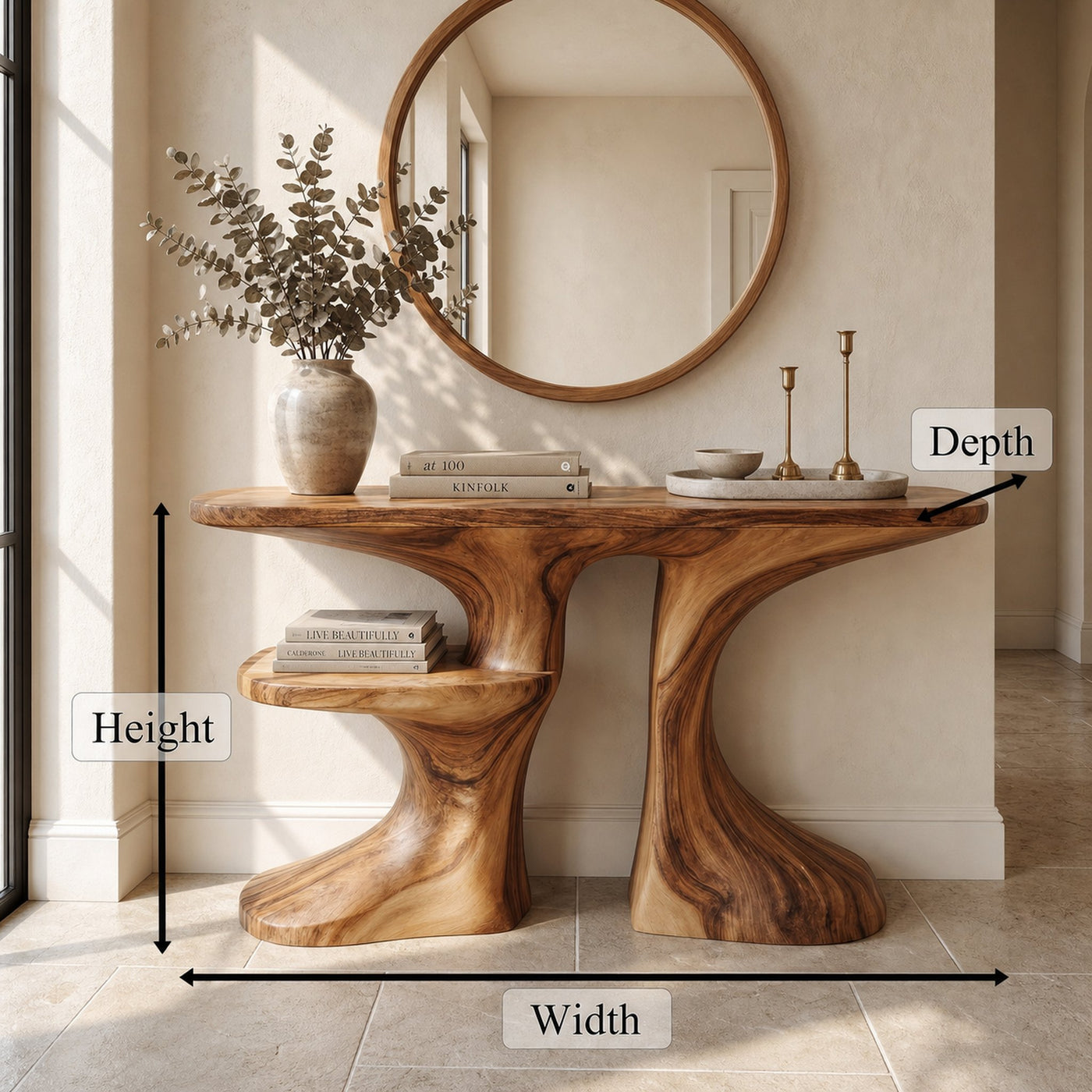 Organic Console Table With Live Edge Countertop And Sculptural Solid Wood Base For Entryway - product view 8