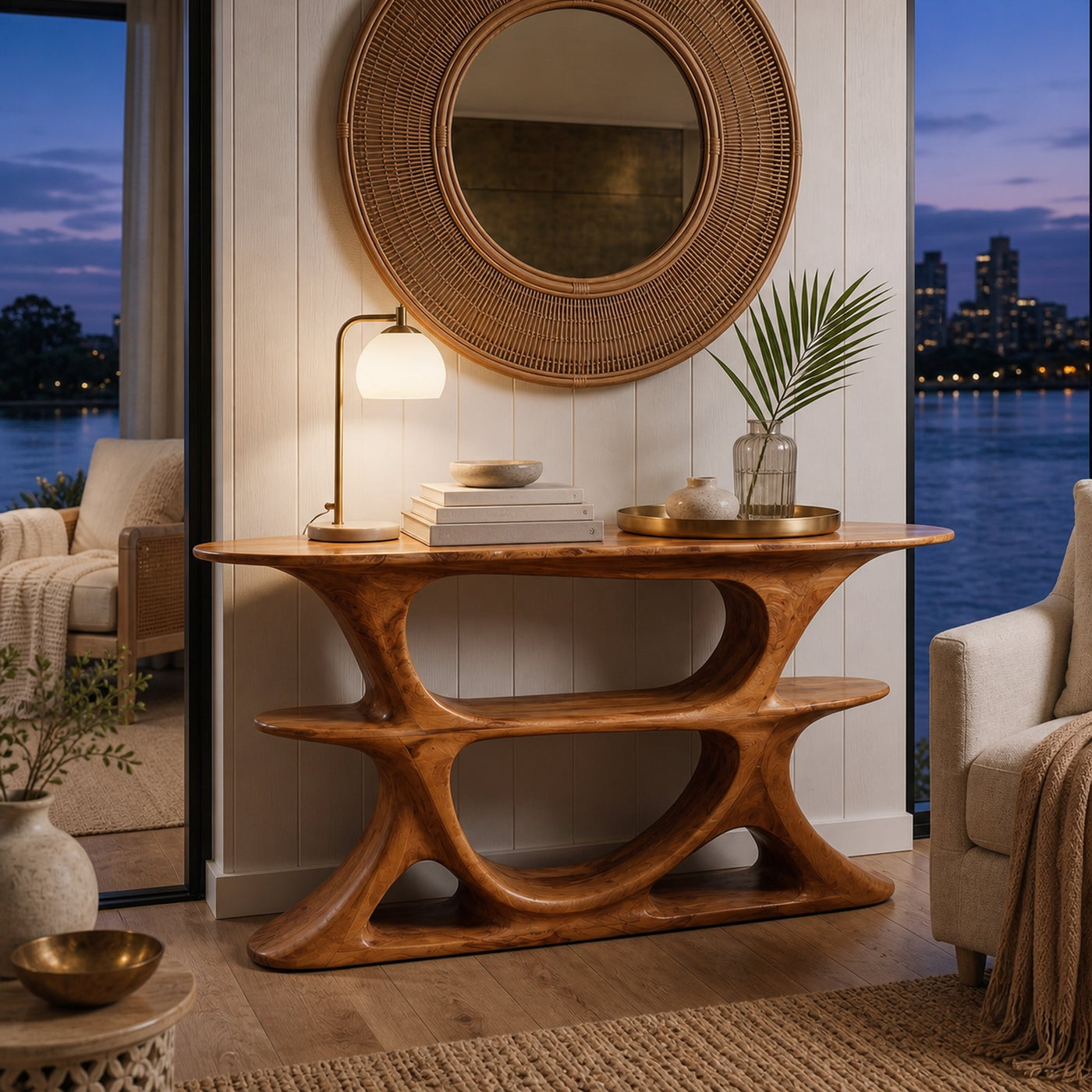 Organic Console Table With Multi Level Cutout Shelves For Living