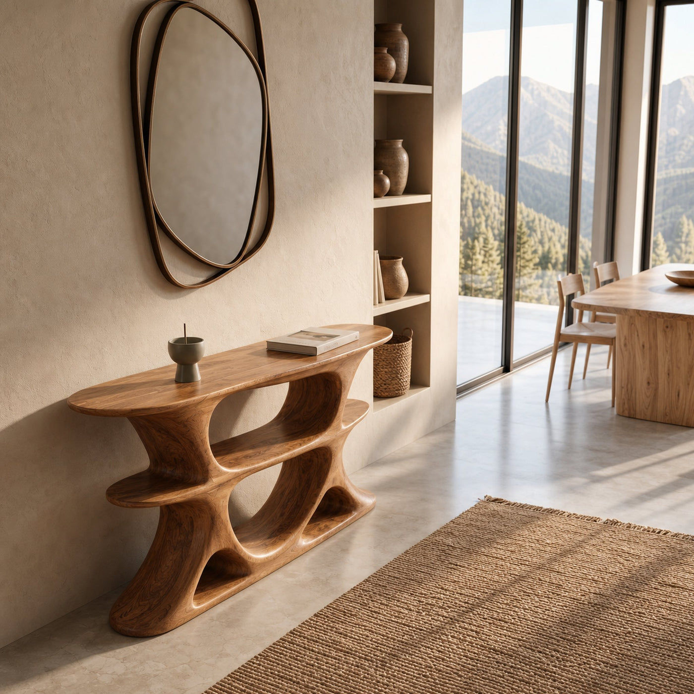 Organic Console Table With Multi Level Cutout Shelves For Living - product view 2