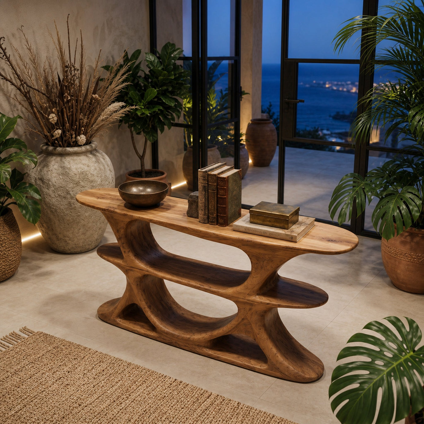 Organic Console Table With Multi Level Cutout Shelves For Living - product view 3