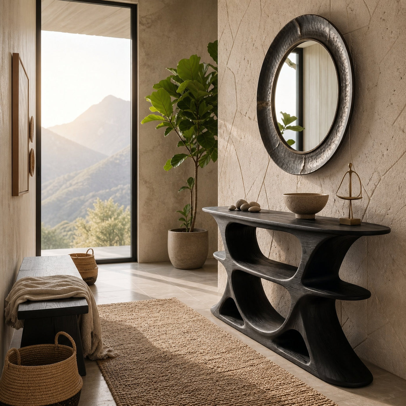 Organic Console Table With Multi Level Cutout Shelves For Living - product view 4