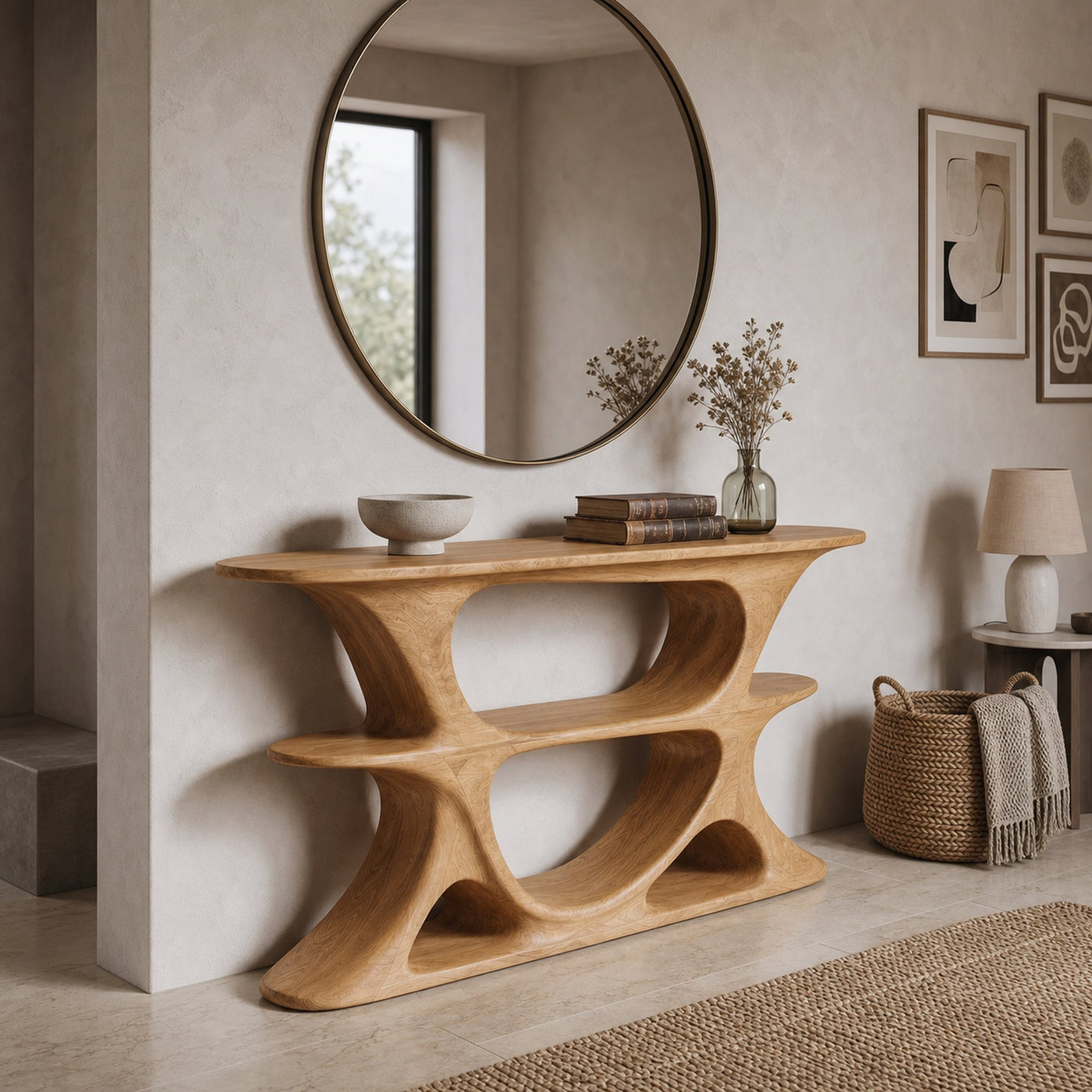 Organic Console Table With Multi Level Cutout Shelves For Living - product view 5