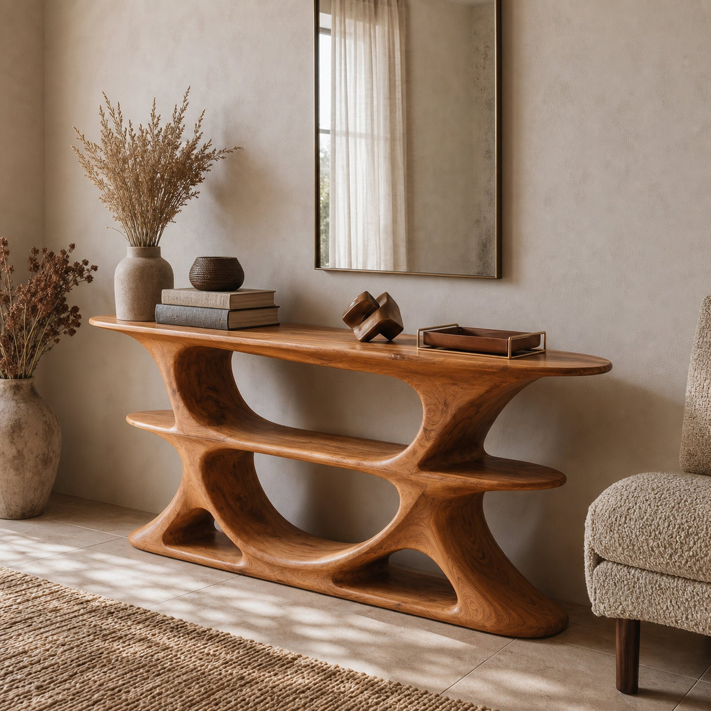Organic Console Table With Multi Level Cutout Shelves For Living - product view 6
