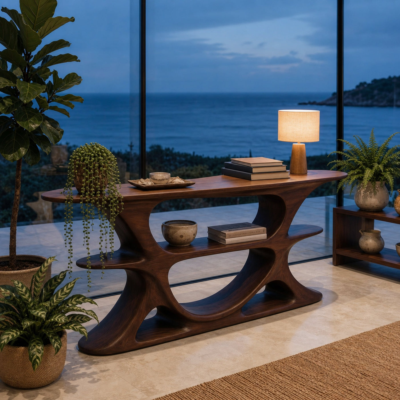 Organic Console Table With Multi Level Cutout Shelves For Living - product view 7