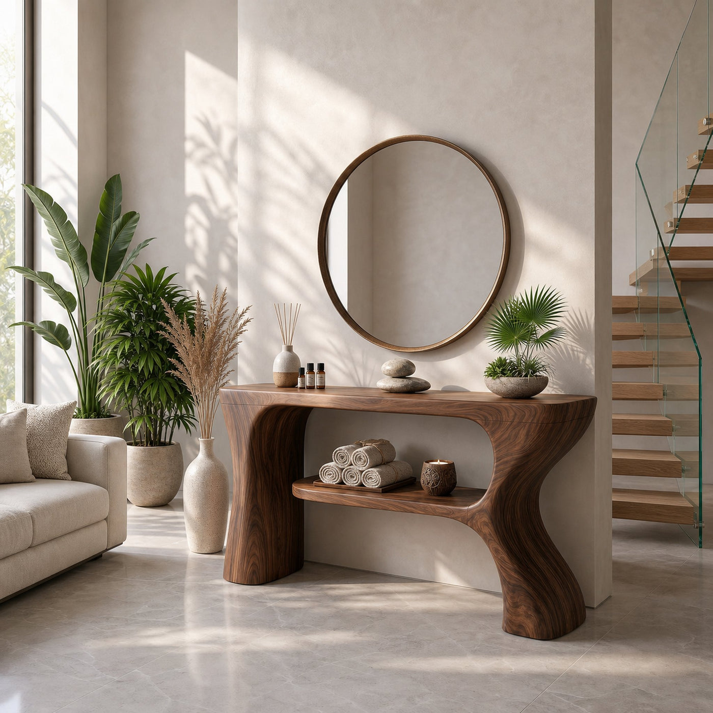Organic Console Table With Sculptural Curved Form For Entryway - product view 3