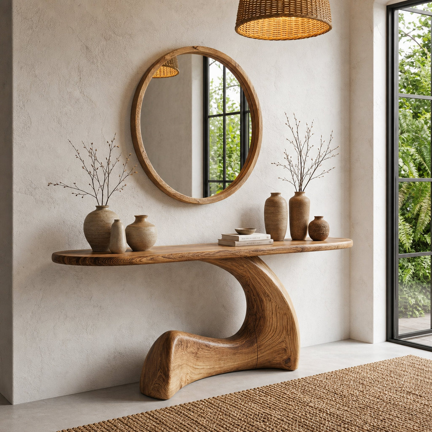 Organic Console Table With Sculptural Curved Wood Base For Entryway And Living Room