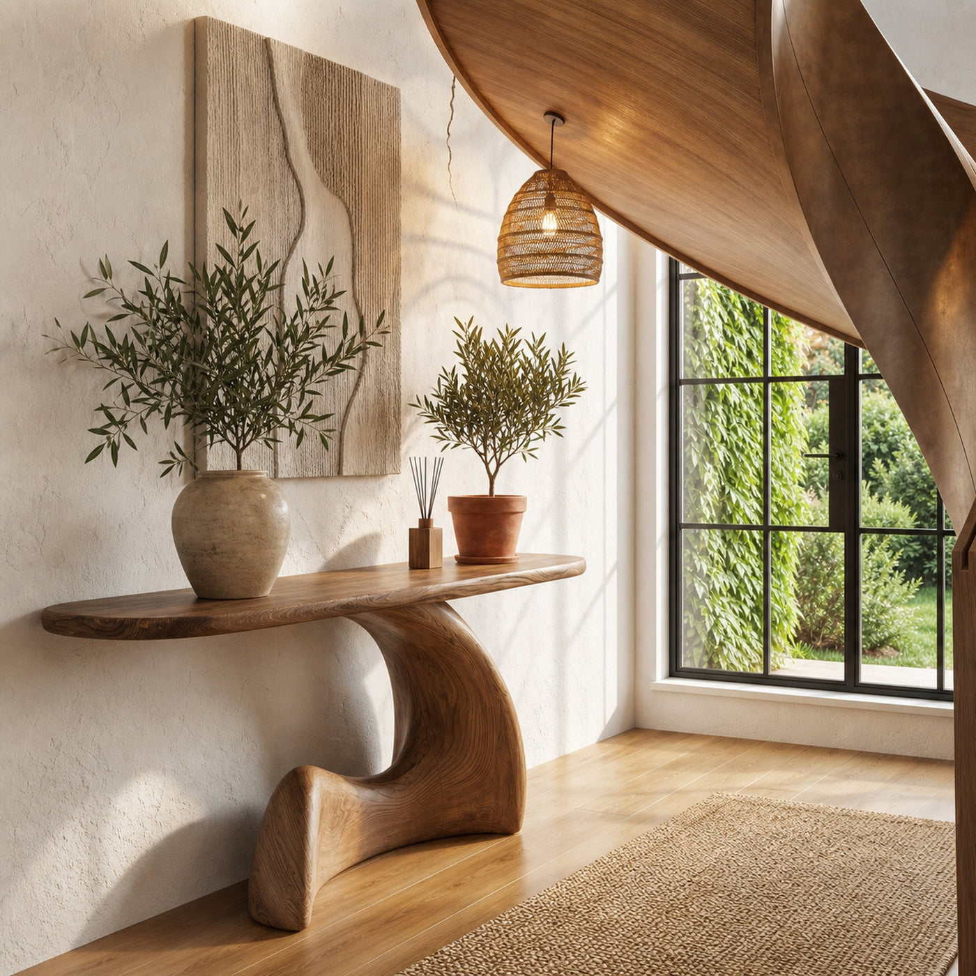 Organic Console Table With Sculptural Curved Wood Base For Entryway And Living Room - product view 3