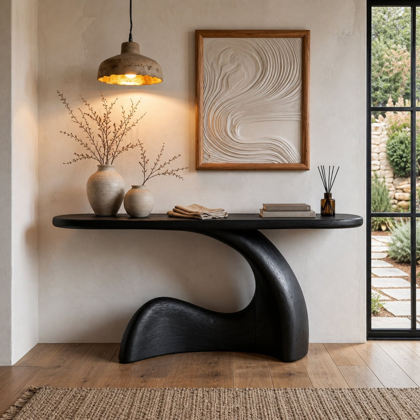 Organic Console Table With Sculptural Curved Wood Base For Entryway And Living Room - product view 4